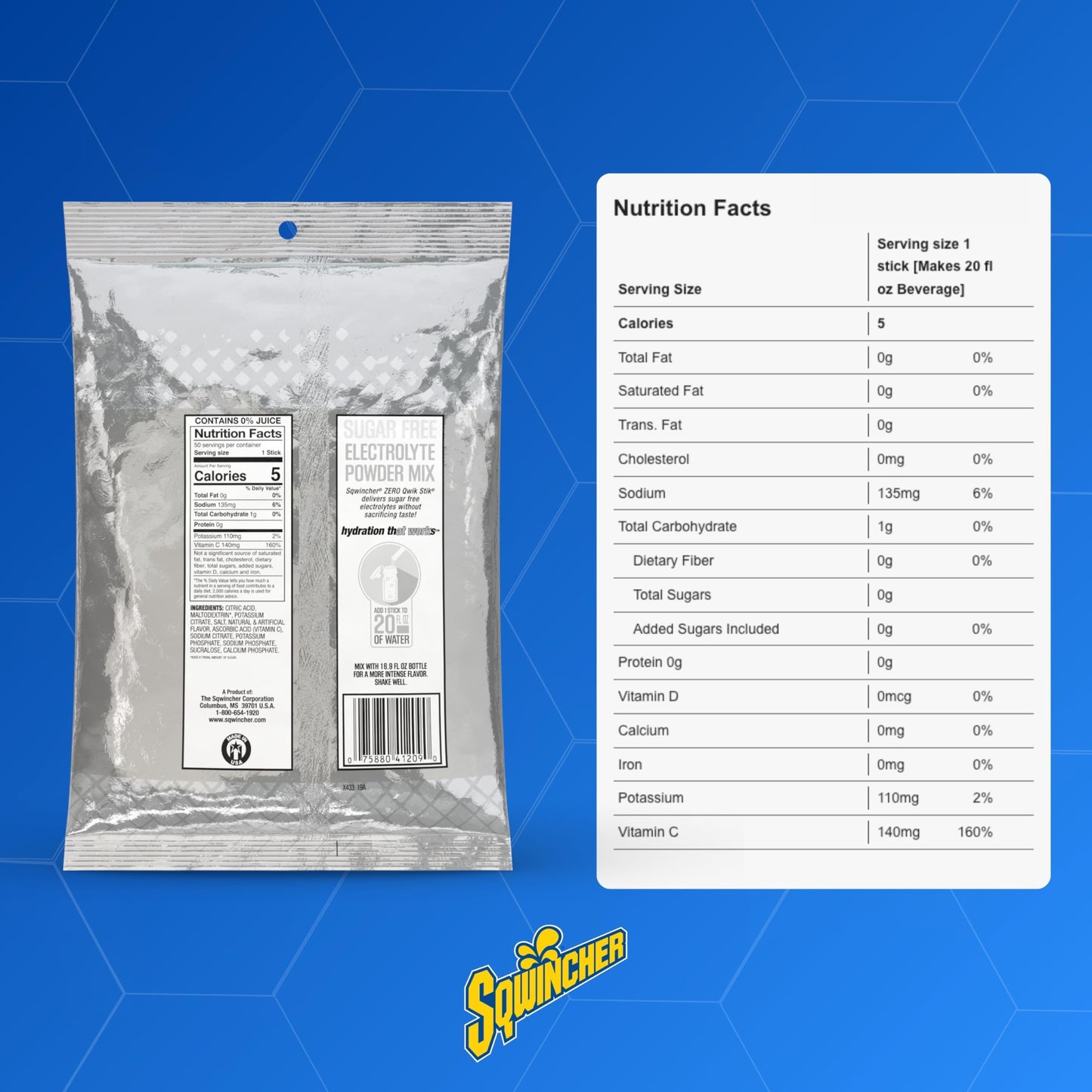 Sqwincher Zero Qwik Stik, Cool Citrus, Sugar Free, Low Calorie, Low Sodium Electrolyte Powder Hydration Drink Mix, .11 0z Packet (Pack of 50)