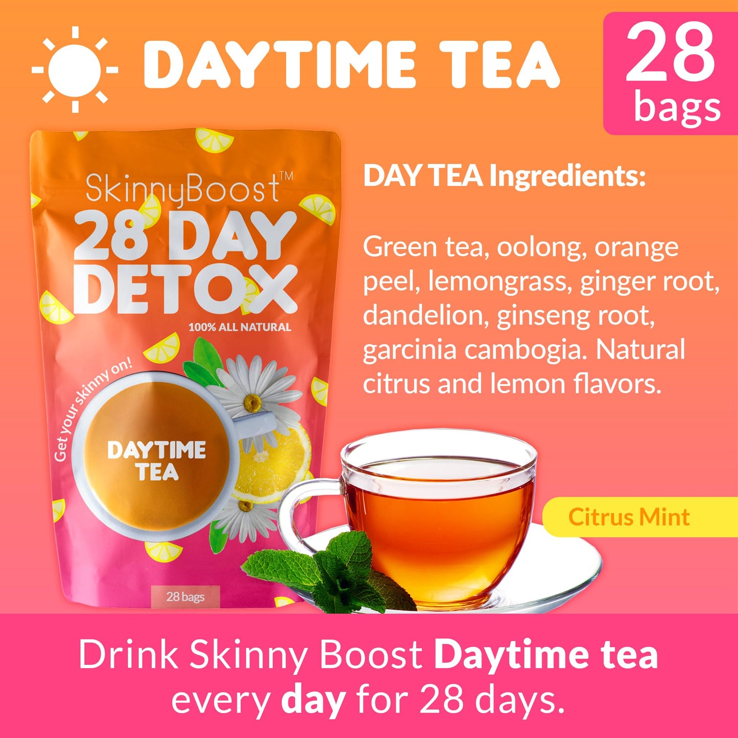 Skinny Boost Tea Kit-1 Daytime Tea (28 Bags) 1 Evening Detox Tea (14 Bags), Lean Greens Plus Superfood Powder, FREE Tumbler, Non GMO, Vegan, All Natural Detox and Cleanse