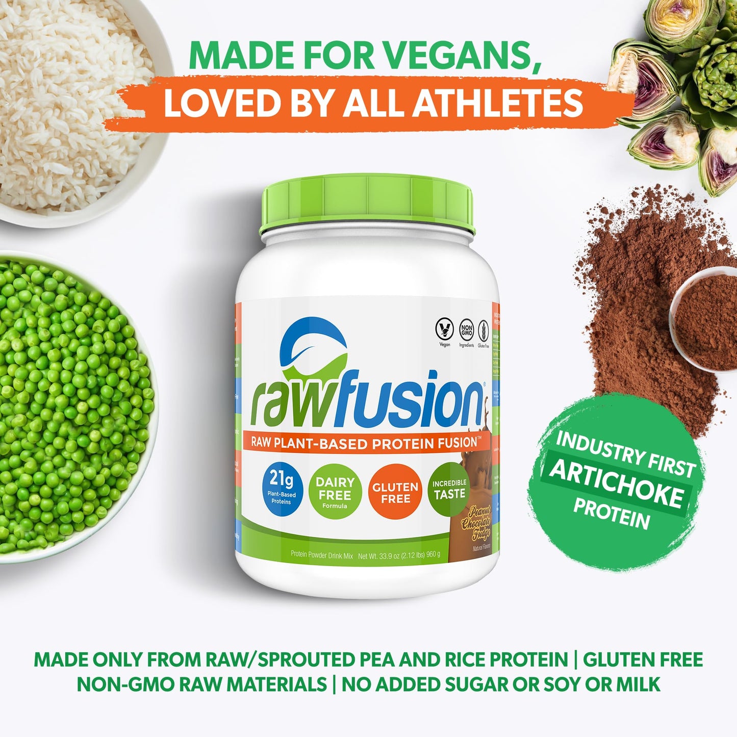 SAN Nutrition RawFusion Plant Protein Powder, Peanut Chocolate Fudge, 32.9 Ounce, Pack of 1