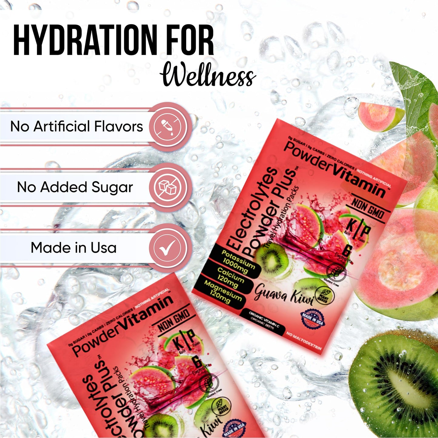 PowderVitamin Electrolytes Powder Plus, Keto, Guava Kiwi, Zero Sugar, 1000mg Potassium, 120mg Calcium, 120mg Magnesium, Non-GMO, Zero Calories, 30 Hydration Packets