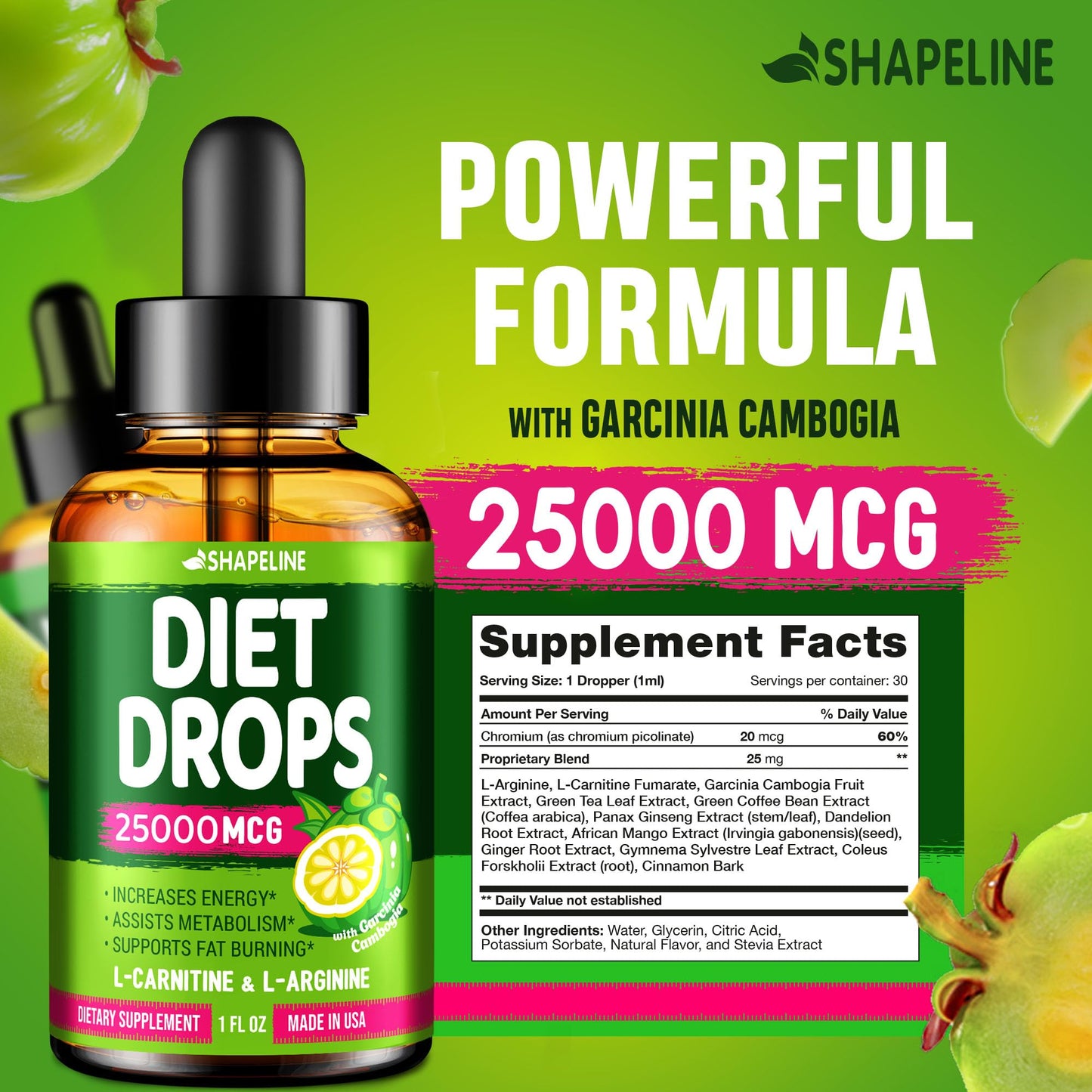 SHAPELINE Diet Drops - Appetite Suppressant for Women & Men - Made in The USA - Natural Metabolism Booster - Diet Drops with Garcinia Cambogia 1 Fl Oz