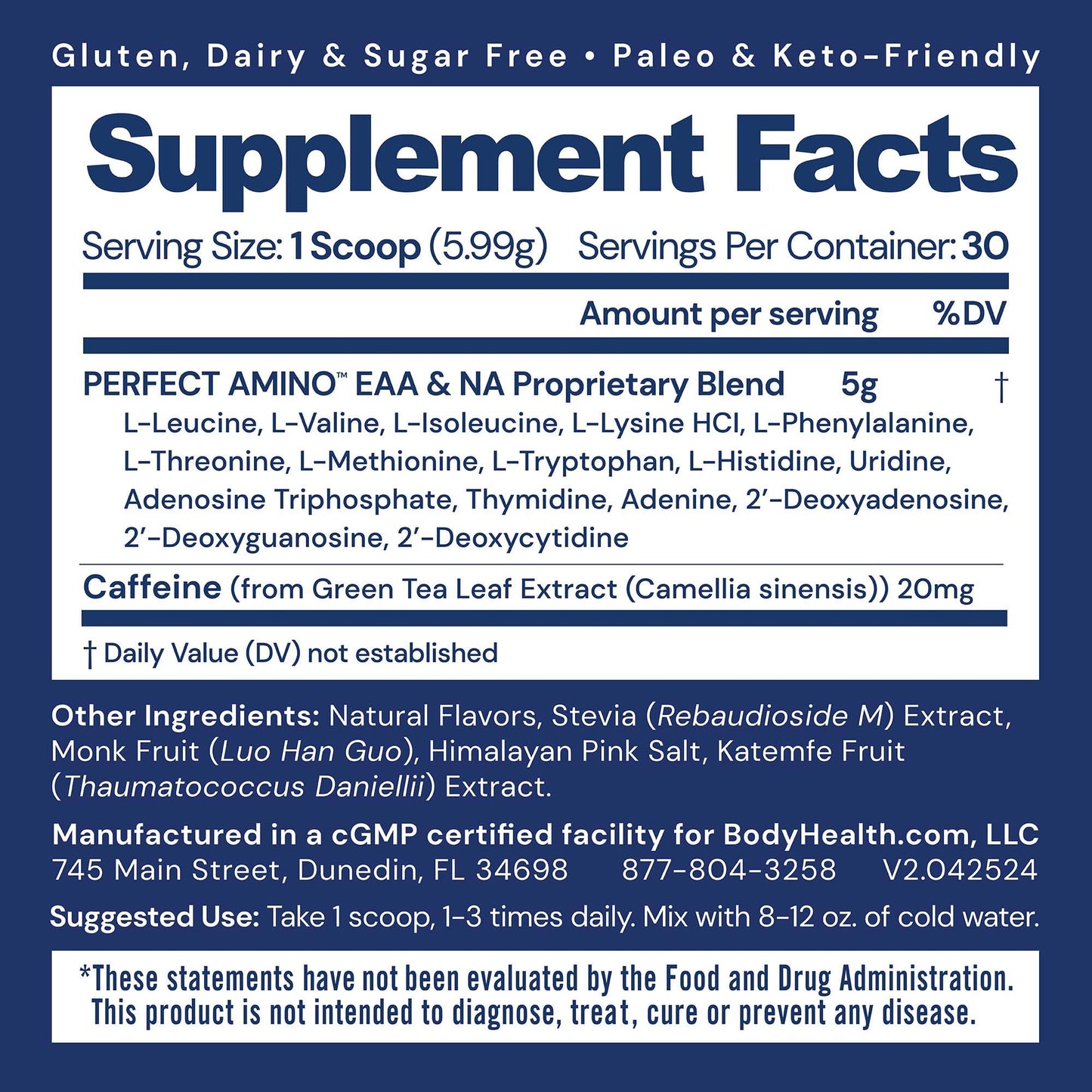 BodyHealth PerfectAmino Powder - BCAA and EAA Powder for Pre and Post Workout - Amino Acid Energy Drink for Men and Women to Support Lean Muscle and Recovery - Mocha - 30 Servings