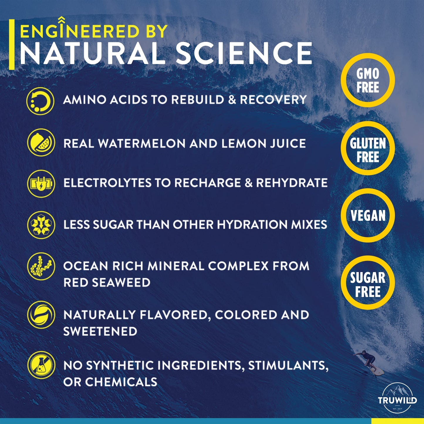 TruWild Natural Hydration Powder with Zero Sugar, Vegan Electrolytes + Amino Acids, Recovery Drink for Everyday Use, Post Workout Muscle Support Supplement with Magnesium (Watermelon Lemonade)