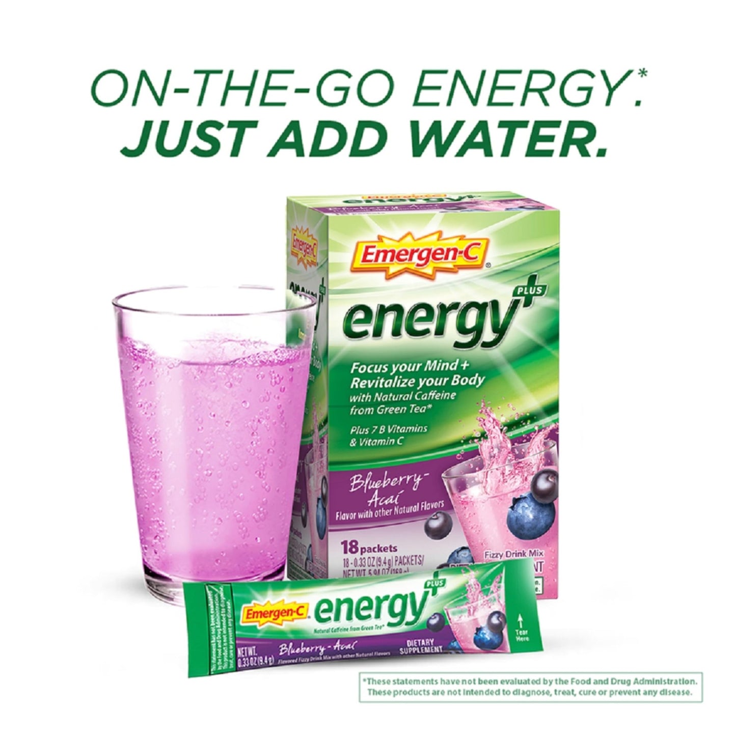 Emergen-C Energy+, With B Vitamins, Vitamin C And Natural Caffeine From Green Tea(Blueberry Acai Flavor) Dietary Supplement Drink Mix, 0.33 Ounce Powder Packets(Pack of 18)