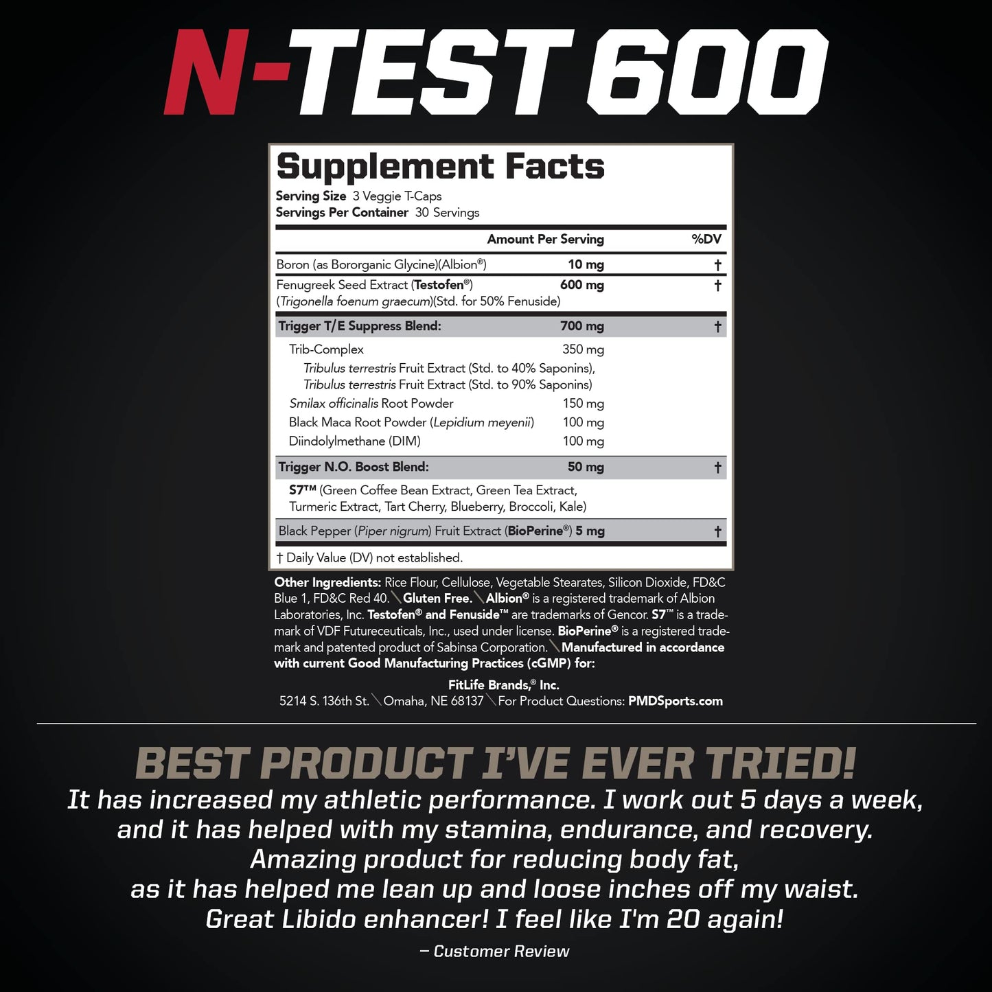 PMD Sports N-Test 600 Advanced Nitric Oxide Booster for Men - with Clinically Studied Testofen - Lean Muscle and Strength Gains with Estrogen Suppression (90 Veggie -Caps)