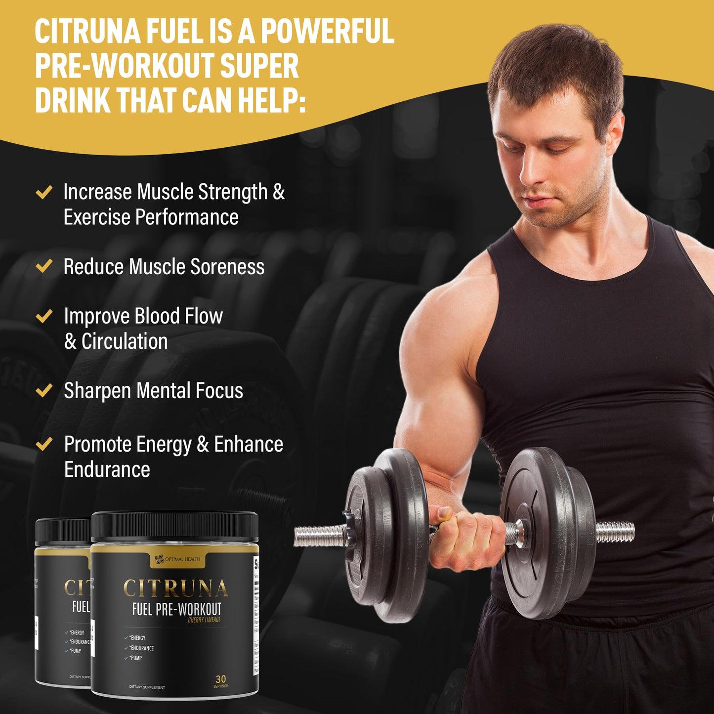 Citruna Fuel Pre Workout Mix and Energy Supplement, Zero Sugar Drink with B-Complex Vitamins to Boost Strength, Sharpen Focus, and Increase Endurance - 30 Servings, Cherry Limeade Flavor