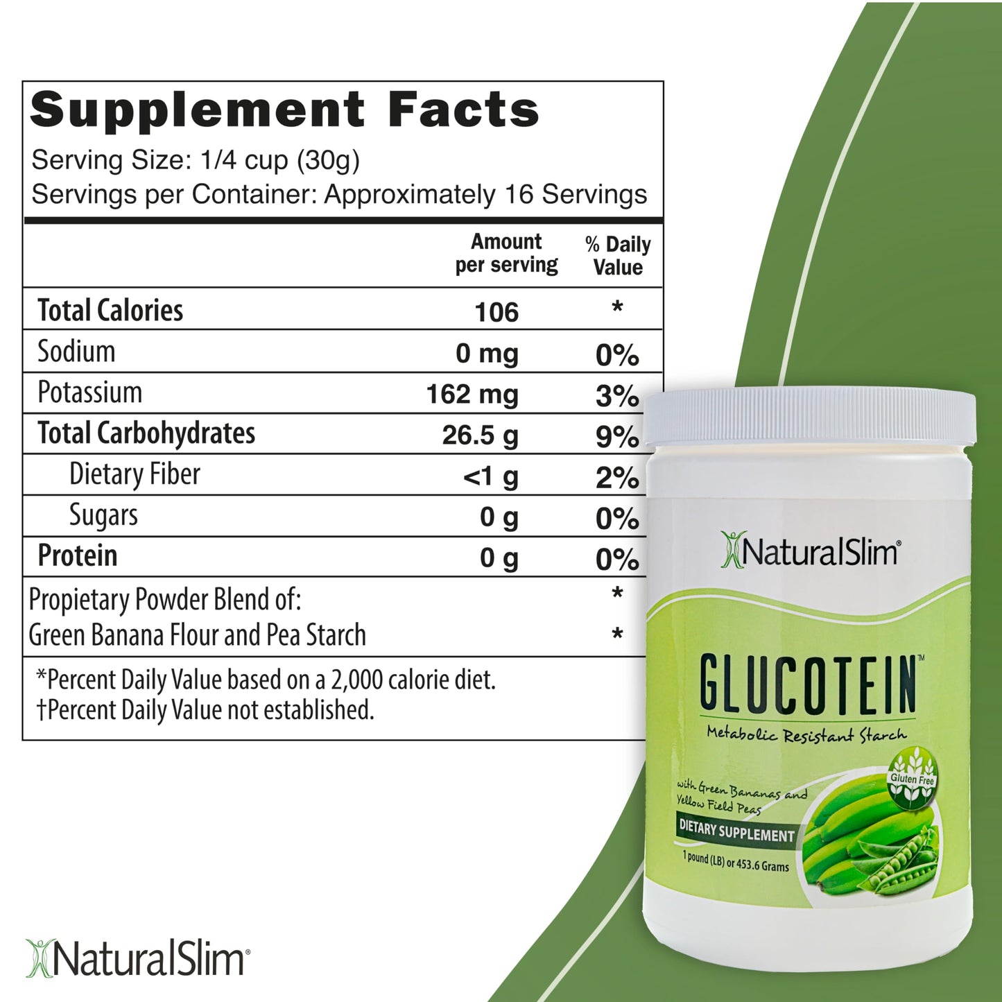 NaturalSlim Prebiotic Resistant Starch Supplement with Green Banana Flour Organic & Pea Starch Blend for Metabolism & Digestive Processes Glucotein Powder - Non-GMO & Gluten Free - 16 Servings