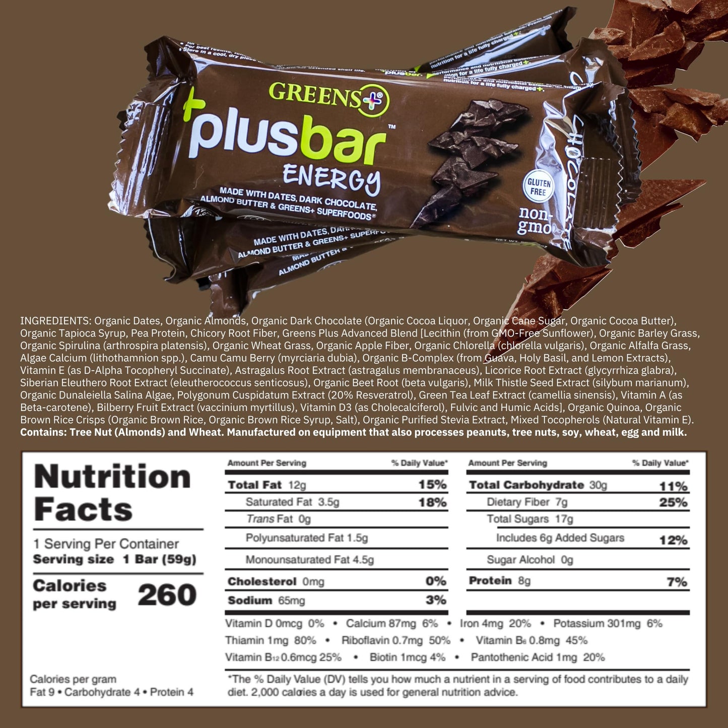 Greens Plusbar Energy Bars Chocolate Gluten Free Healthy Snacks with Organic Super Greens Superfoods  Dark Chocolate Vegan Dairy Free  Non GMO 8g Protein Meal Replacement Bars 12 Bars