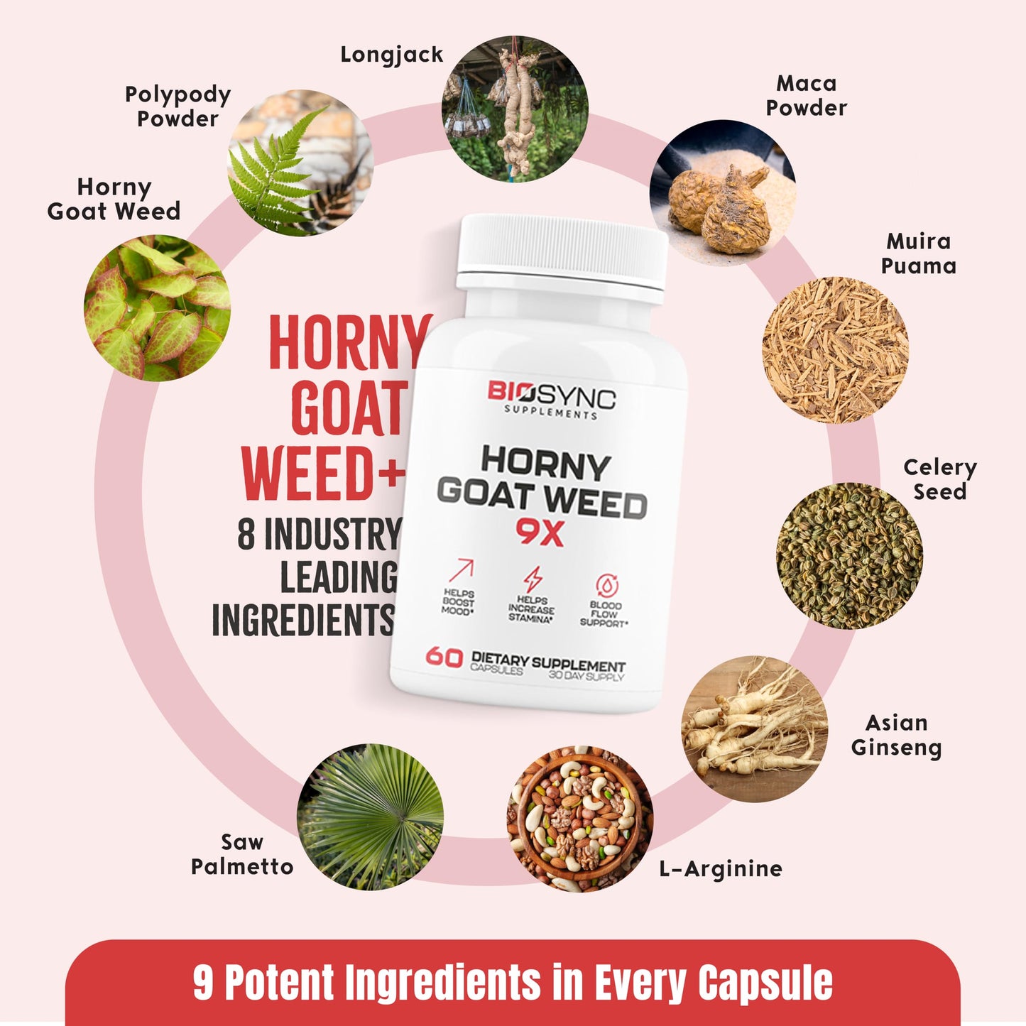 BioSync 9 in 1 Horny Goat Weed | Pills for Men Fast Acting Blood Flow | Performance Supplement for Size, Muscle Mass, Circulation | 9 Ultra Ingredients for Fast Results | Proven to Work - 60 Caps