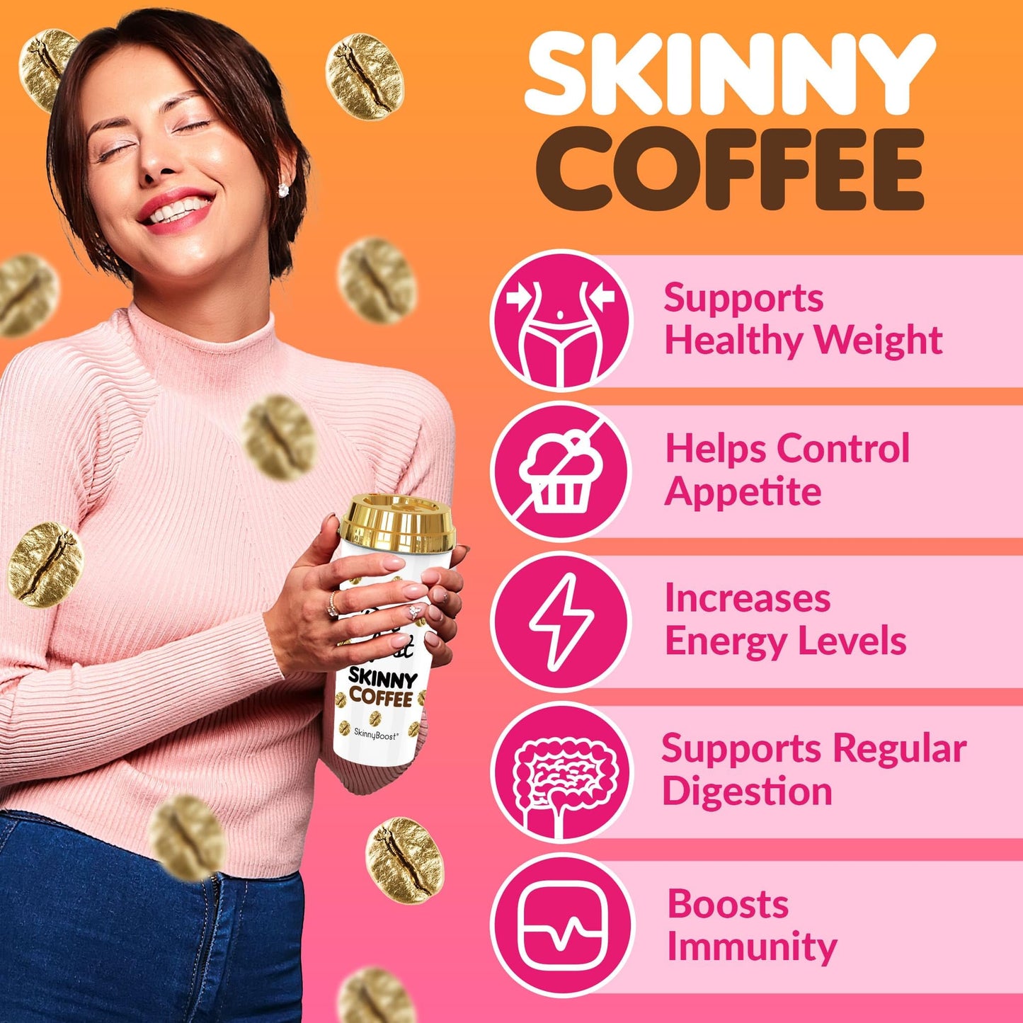 Skinny Boost Skinny Coffee- (Unflavored) Instant Sticks Made with Arabica Coffee, Garcinia Cambogia, Green Tea Extract, Coffee Bean Extract, and Prebiotics- Keto Friendly. (28 Packets)