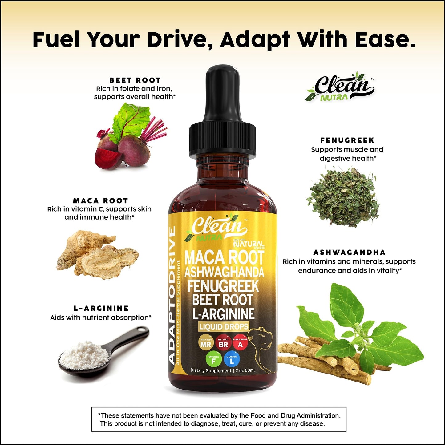Clean Nutra Organic Maca Root Liquid Drops with Ashwagandha, Fenugreek, Beet Root and L-Arginine Liquid Multivitamin for Women and Men - Adapto Drive