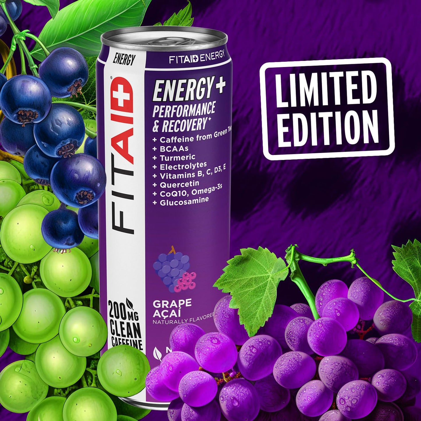 LIFEAID FITAID Energy Grape AÇAI, 200mg Natural Caffeine, Keto, Pre-Workout Performance: BCAAs, Quercetin, Electrolytes, Omega-3s, 15 Calories, Paleo, Vegan & Gluten-Free,12-oz (Pack of 24)
