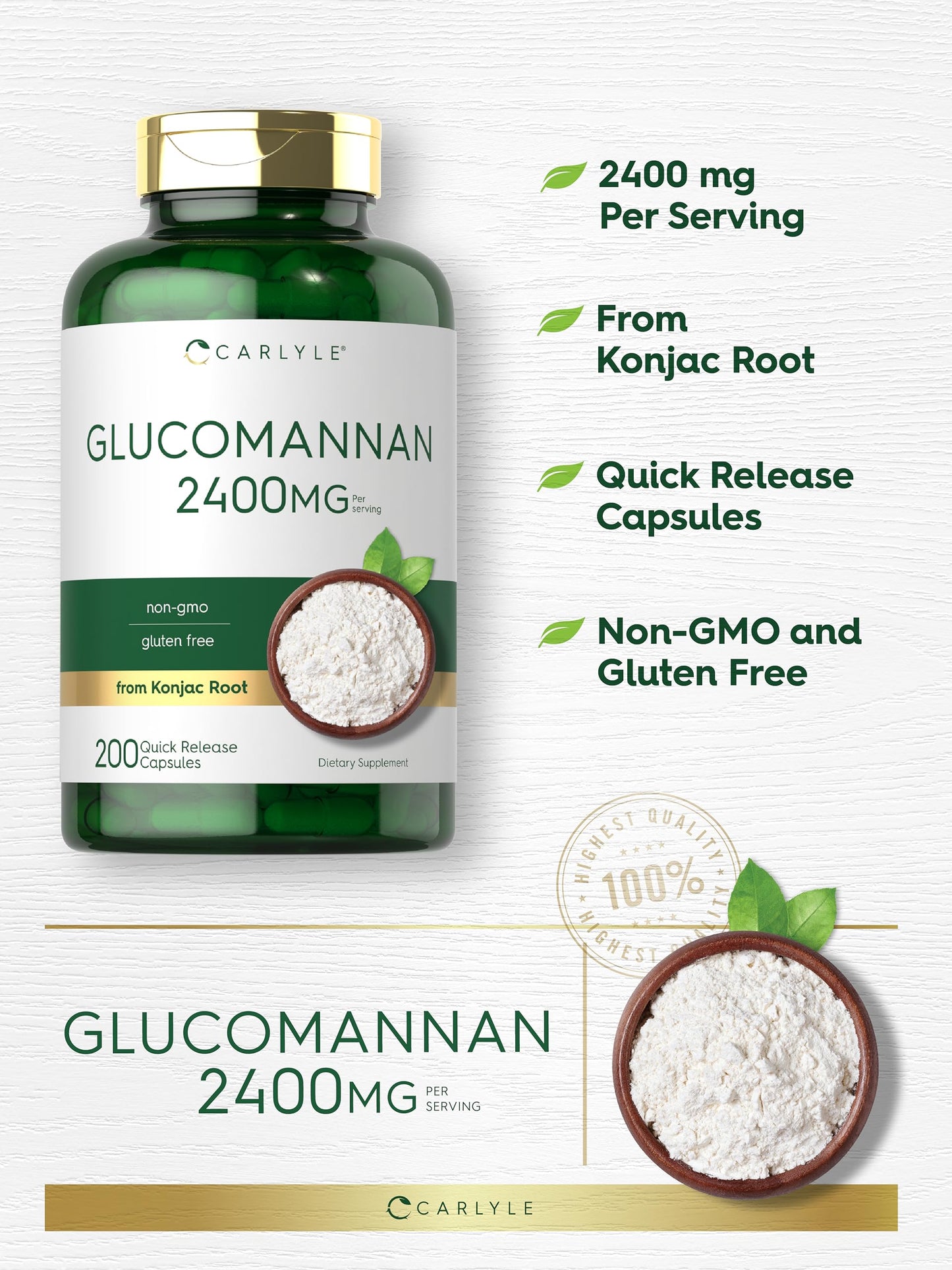 Carlyle Glucomannan Capsules | 200 Count | Soluble Fiber Pills | Non-GMO, Gluten Free Supplement