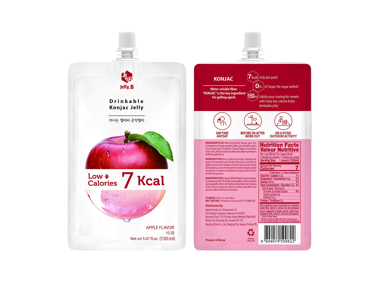 JELLY B Drinkable Konjac Jelly (10 Packs of 150ml) - Healthy and Natural Weight Loss Diet Supplement Foods, 0 Gram Sugar, Low Calorie, Only 6 kcal Each Packets, (Apple)