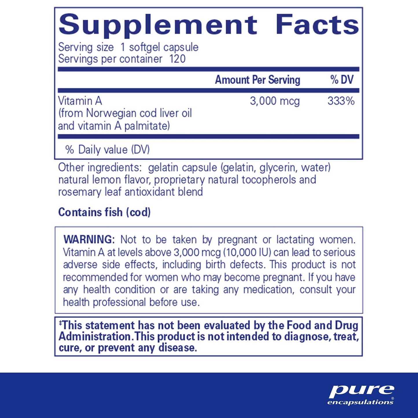 Pure Encapsulations Vitamin A - 3,000 mcg - from Cod Liver Oil - Immune & Vision Support* - Vitamin A Palmitate Supplement - Non-GMO - 120 Softgel Capsules