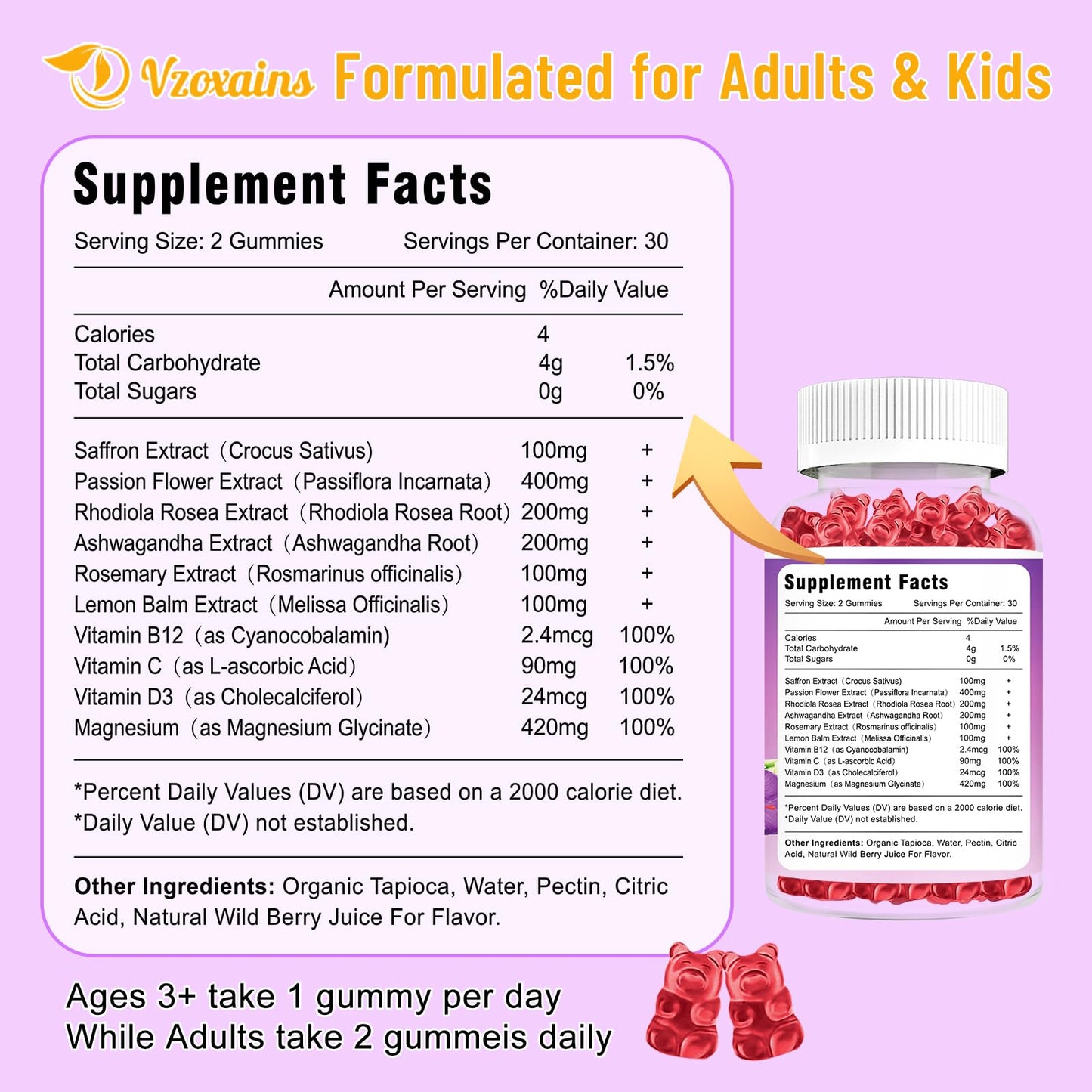 VZOXAINS 2 Pack Saffron Gummies - Sugar Free with Passion Flower, Rhodiola, Vitamin B12 and D3, Support Eye Vision, Focus, Mood and Metabolism, Wild Berry Flavor 120 Cts