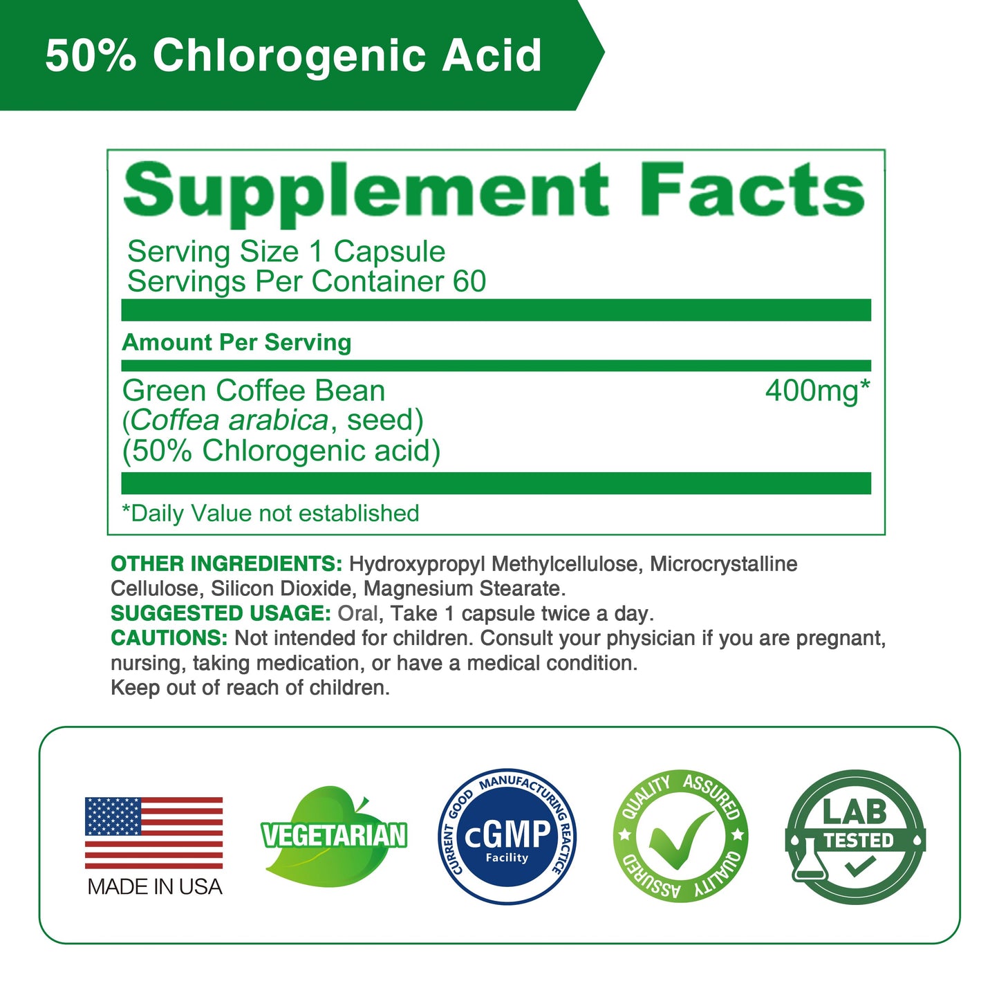 Lovita Green Coffee Bean Extract: Natural Antioxidant, High Potency, 50% Chlorogenic Acid, Vegan-Friendly Dietary Supplement - 60 Capsules