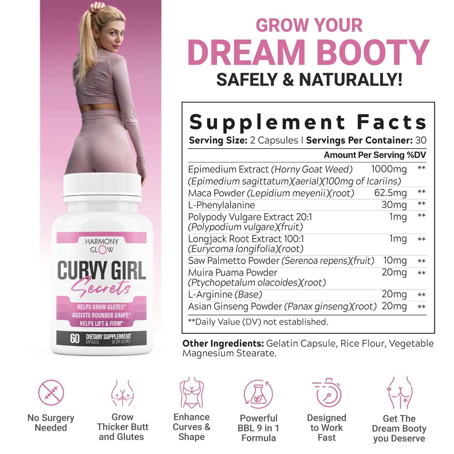 Curvy Girl Secrets | Weight Gainer for Women to Grow Thicker Booty & Enhance Curves | Helps Naturally Curve & Shape Body | Grow Rounder, Wider & Thicker Glutes for Fast Results - 60 Capsules