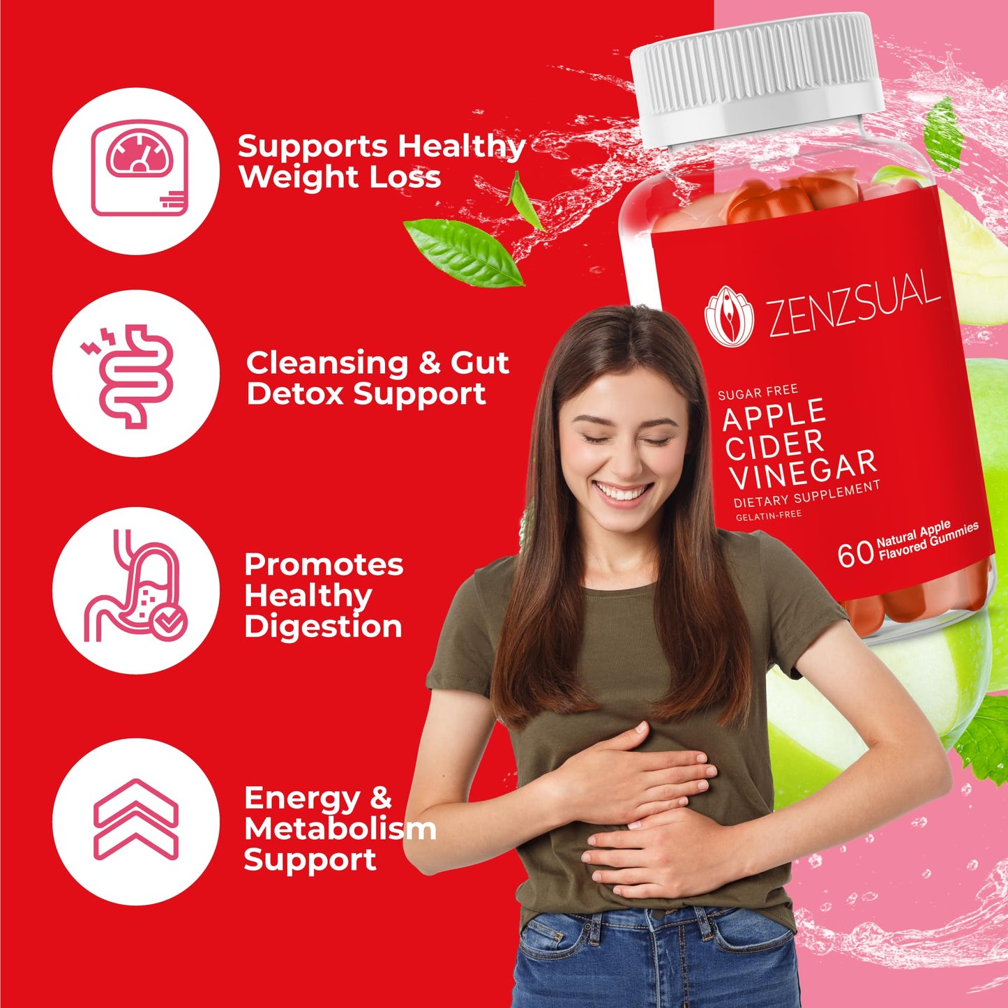 Zenzsual Apple Cider Vinegar Gummies - Digestive, Metabolism and Immune Health Support, Boost Energy - ACV Gummies with VIT B12, Beetroot & Pomegranate - Gelatin and Gluten Free (60 Gummies)