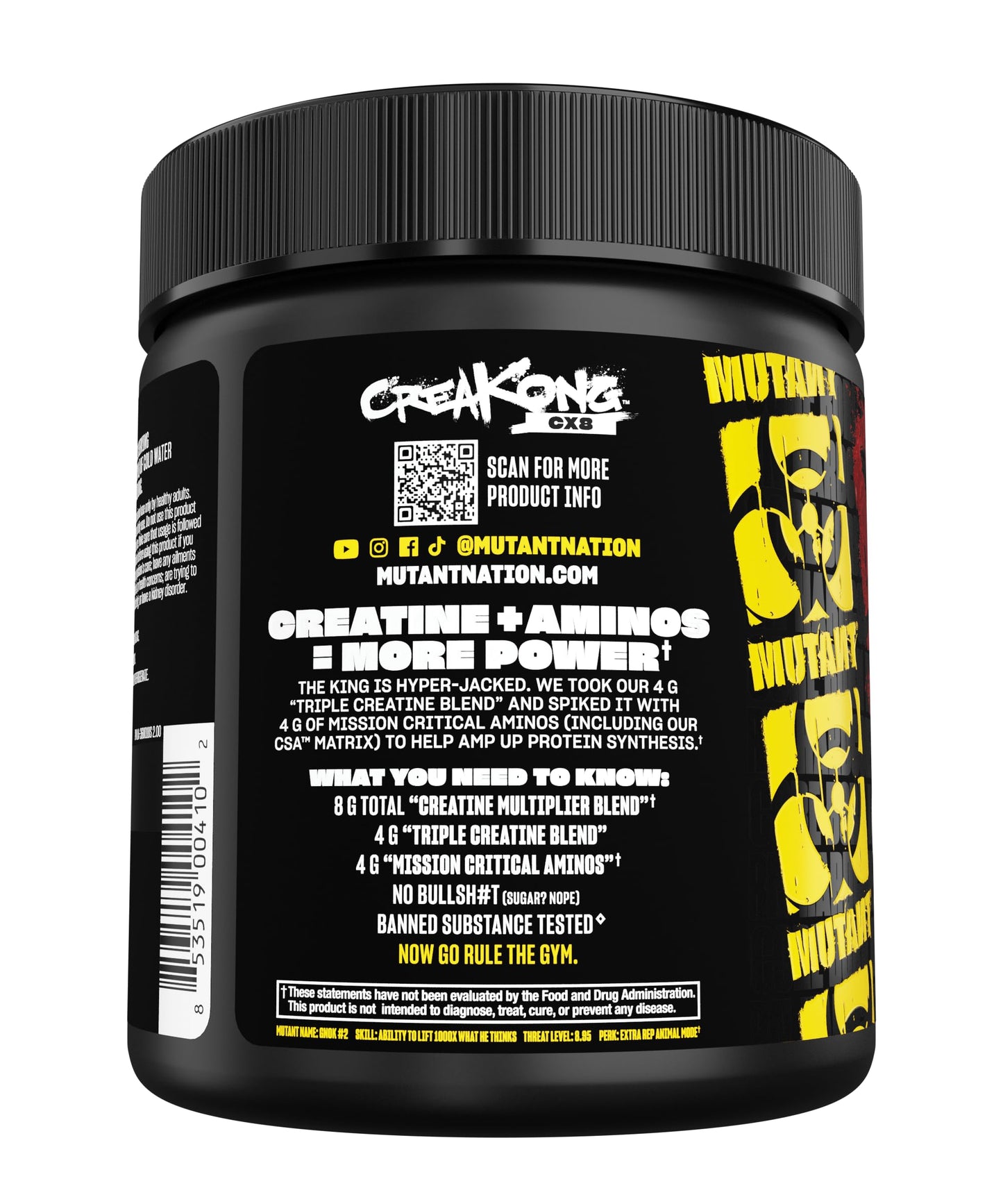Mutant CREAKONG CX8 - Advanced Creatine + Amino Supplement with 4g Triple Creatine Blend, 4g Amino Blend (BCAAs & Taurine) for Muscle Growth & Performance - Unflavoured, 249g (30 Servings)