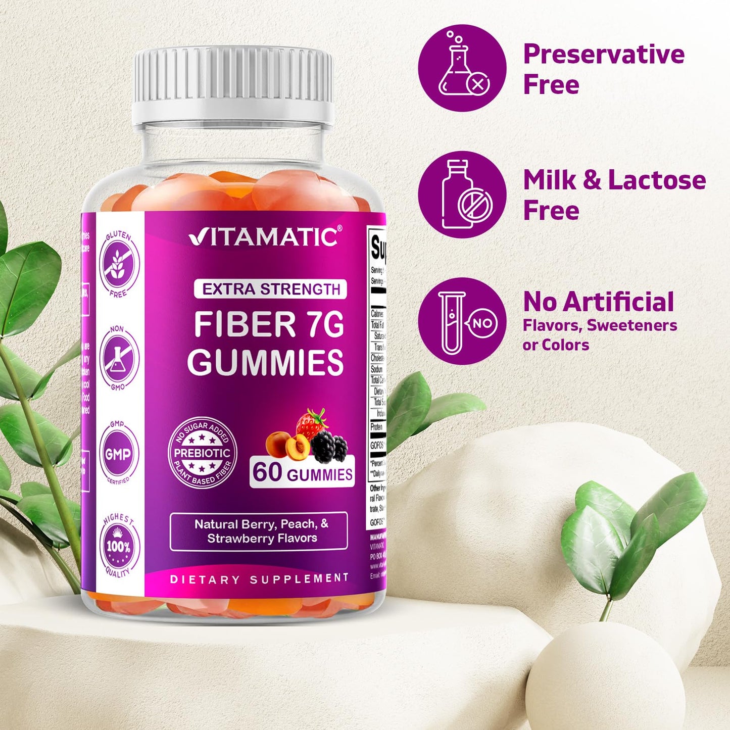 Vitamatic Prebiotic Fiber Gummies for Adults - 7G Fiber Extra Strength - Zero Sugar Added - 60 Pectin Based Gummies - Digestive Health & Regularity Support