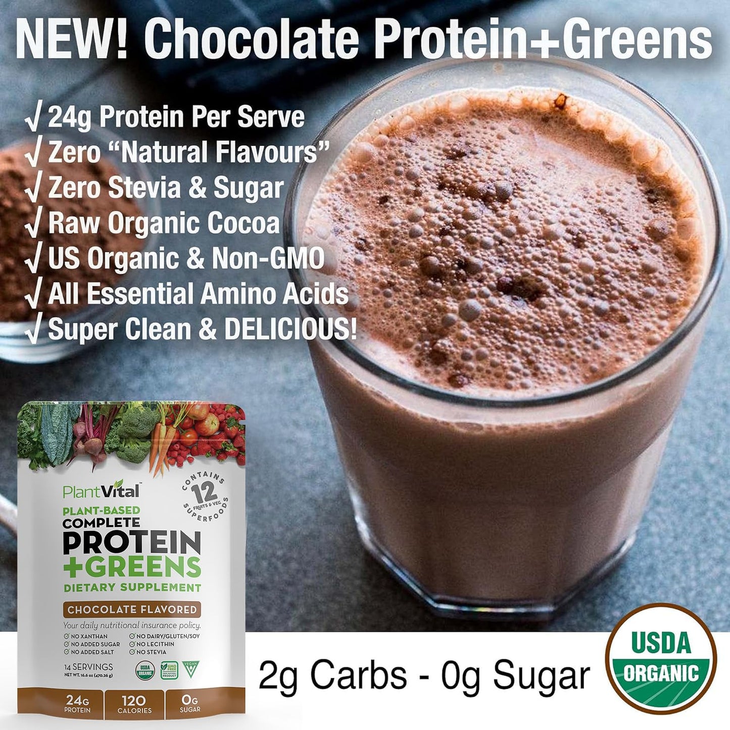 PlantVital Vegan Protein Powder Plant Based, Organic Protein Powder Chocolate, 24g/0g sugar, 12 Superfoods, Veggies, Probiotics, Raw Cocoa, Kale, Beets, Spirulina, Pea, Gluten-Free, Keto-Friendly,16oz