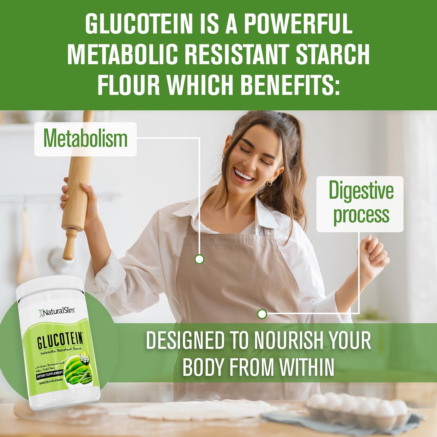 NaturalSlim Prebiotic Resistant Starch Supplement with Green Banana Flour Organic & Pea Starch Blend for Metabolism & Digestive Processes Glucotein Powder - Non-GMO & Gluten Free - 16 Servings