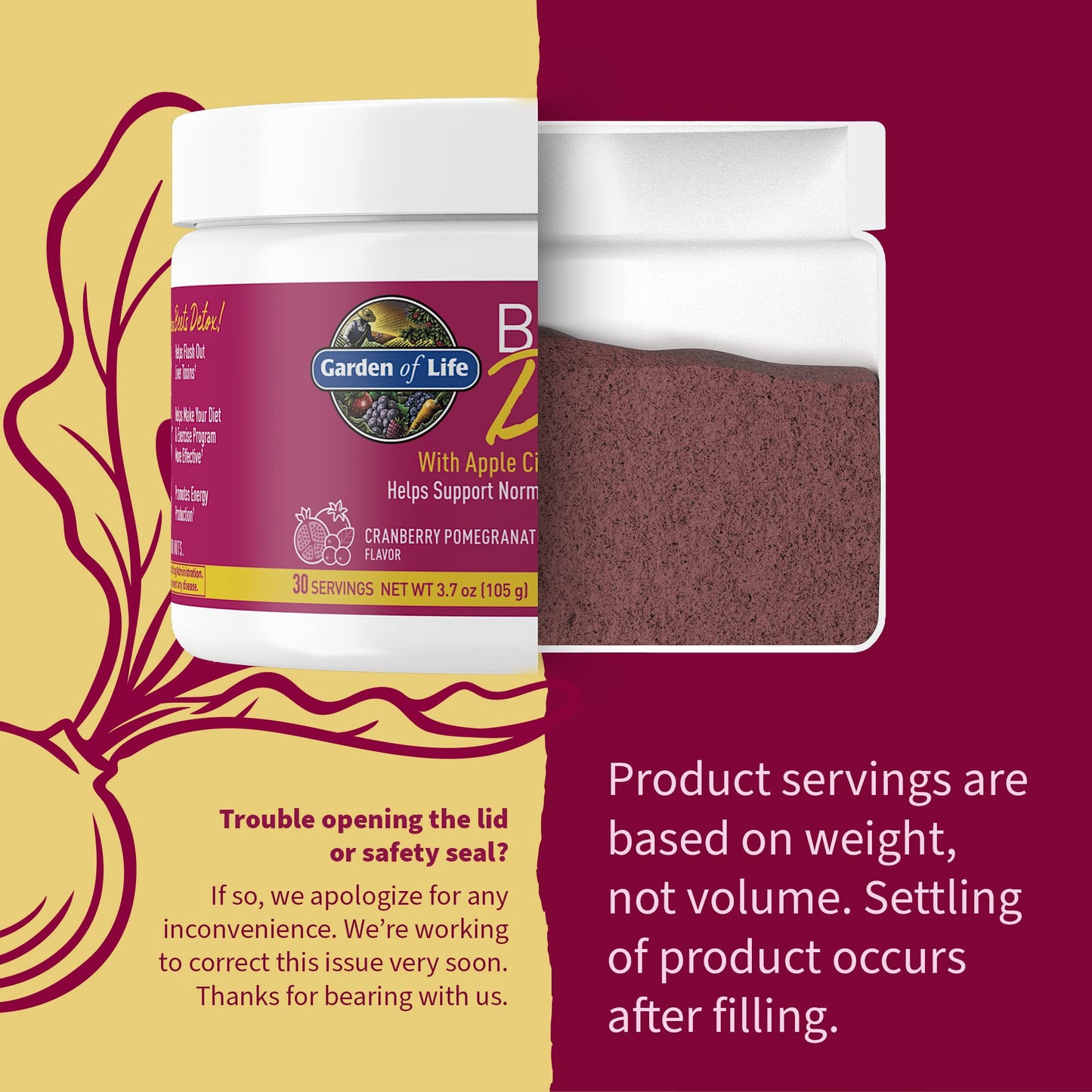 Garden of Life Organic Beet Root Powder with Antioxidants, Vitamin C, Probiotics & Apple Cider Vinegar for Digestive & Liver Health - Beets Detox - Vegan, Non GMO, Cranberry Pomegranate, 30 Servings