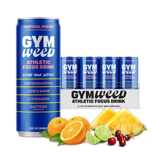 GYM WEED Athletic Focus Drink with KSM-66 Ashwagandha, Lion's Mane Mushroom, L-Theanine, 200mg Green Tea Caffeine with Natural Sweeteners Tropical Punch Flavor, 12 Pack
