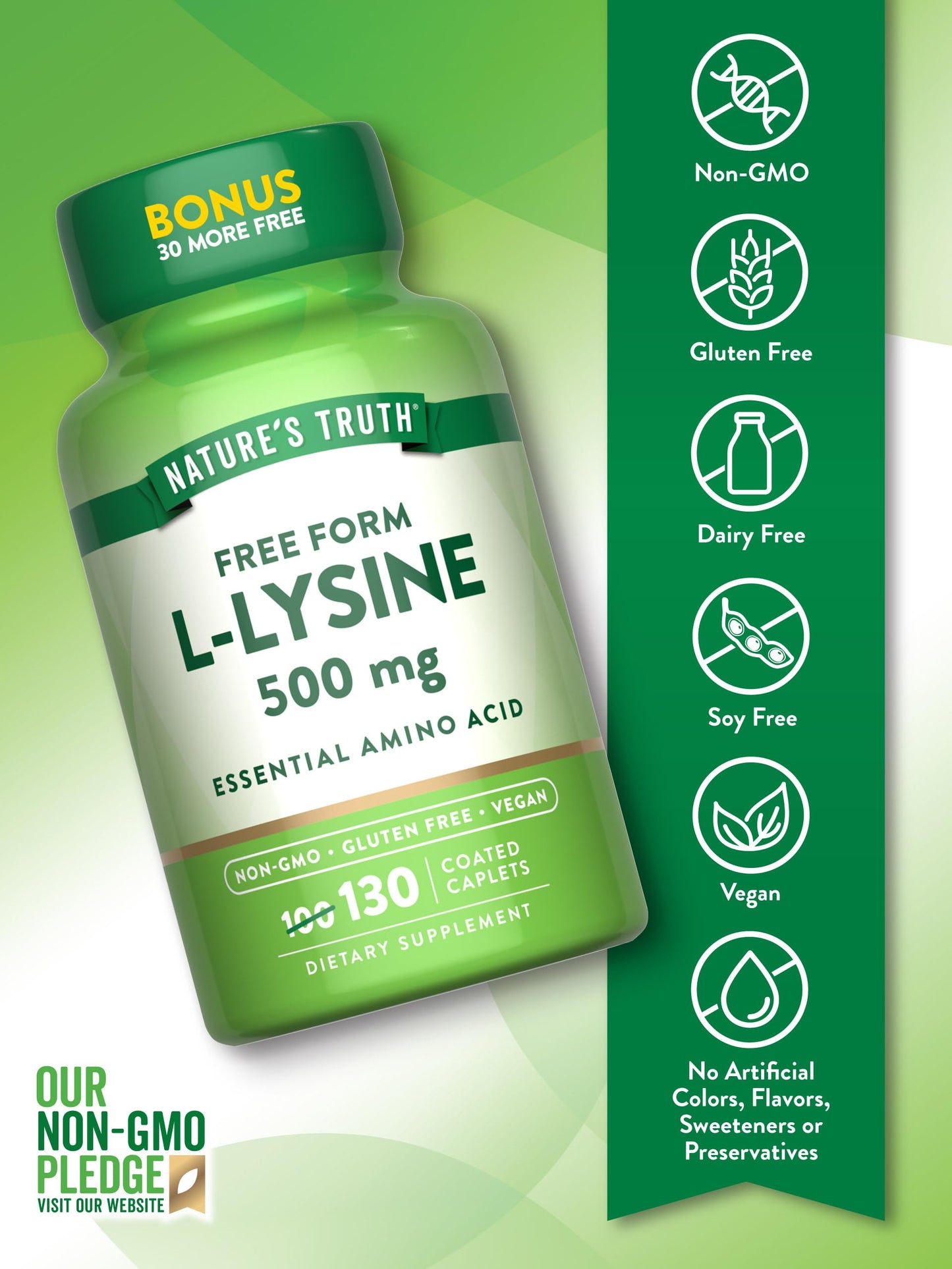 Nature's Truth L-Lysine 500mg | 130 Coated Caplets | Free Form | Essential Amino Acid | Vegan, Non-GMO, & Gluten Free Supplement