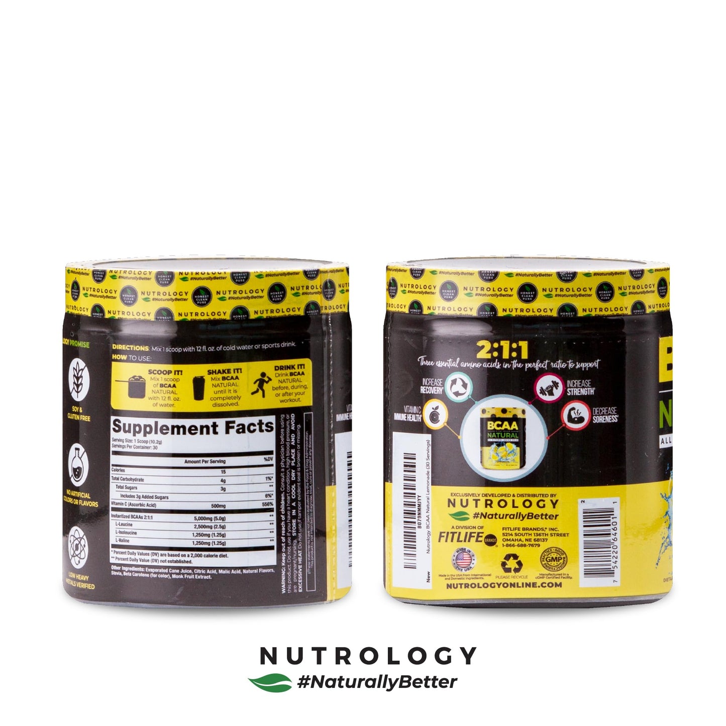 Nutrology BCAA Natural - Plant Based BCAA Powder, Lemonade Flavor, Optimized 2:1:1 Ratio Amino Acids Powder for Pre Workout & Post Workout Recovery, Vegan, Gluten-Free, Non-GMO, 30 Servings