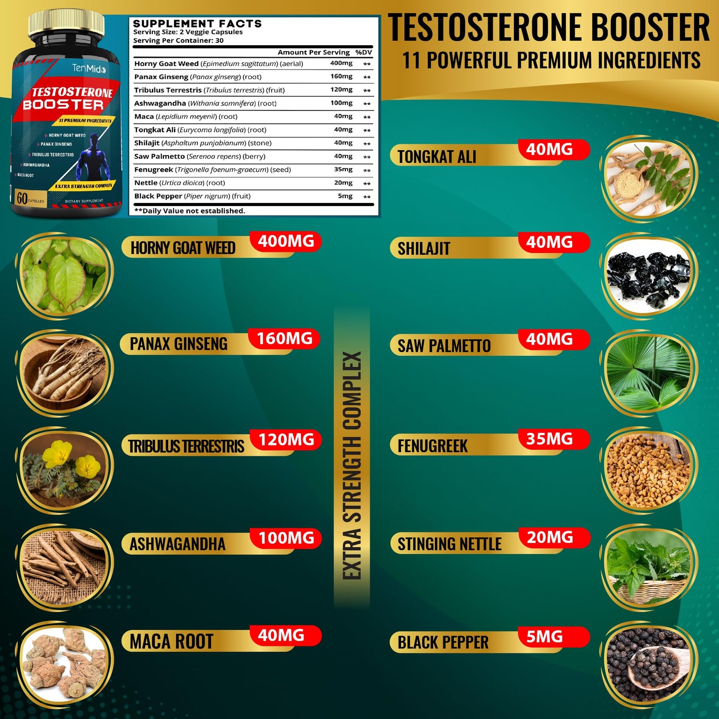 Tenmido Testosterone Booster for Men- Natural Stamina, Endurance & Strength Supplement - Muscle Building Growth, Increasing Performance, Boosts Energy