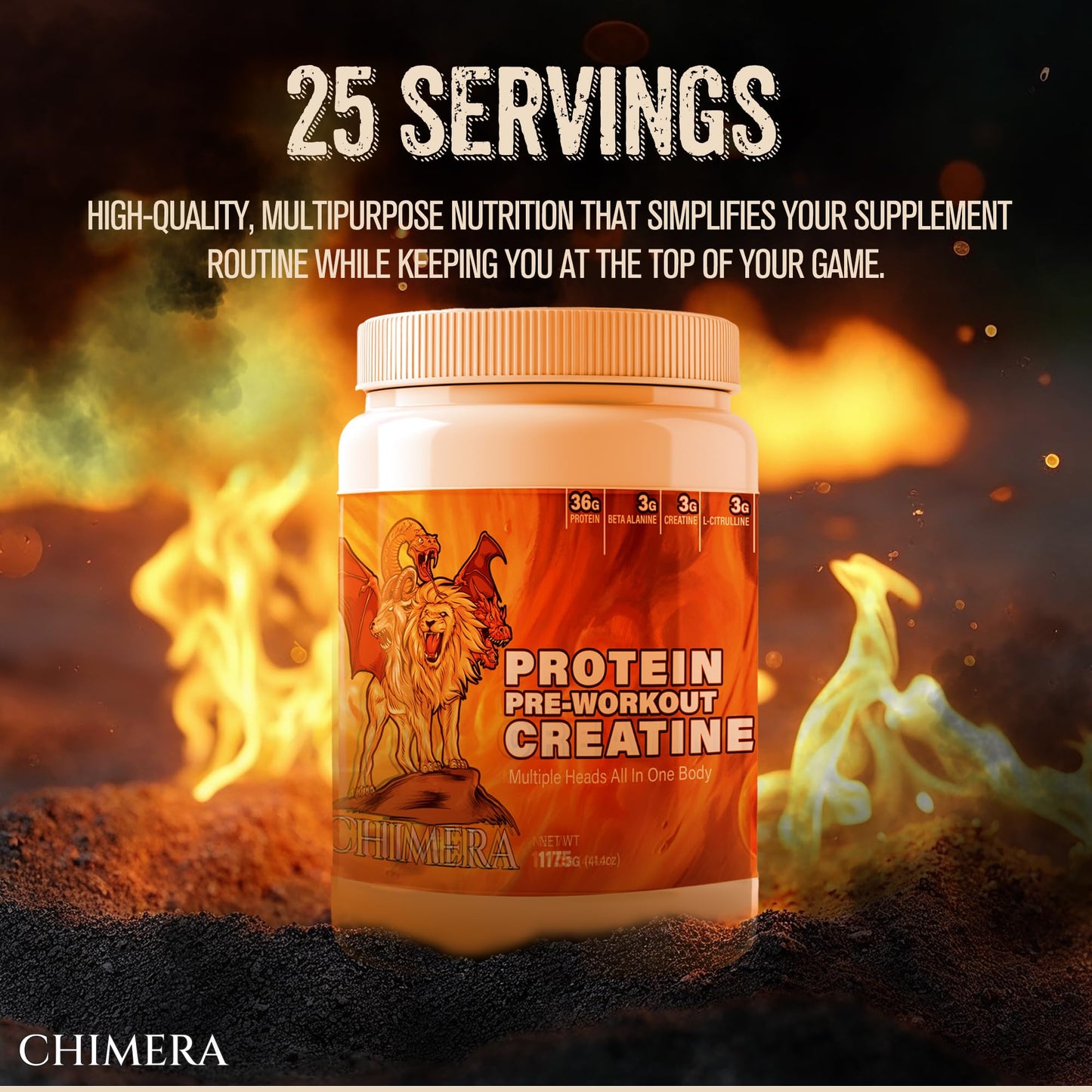 CHIMERA All-in-One Protein & Pre-Workout Powder - 36g Protein, 3g Creatine, Non-GMO, Sugar-Free, Low Sodium, Natural Caffeine from Matcha, No Artificial Flavors