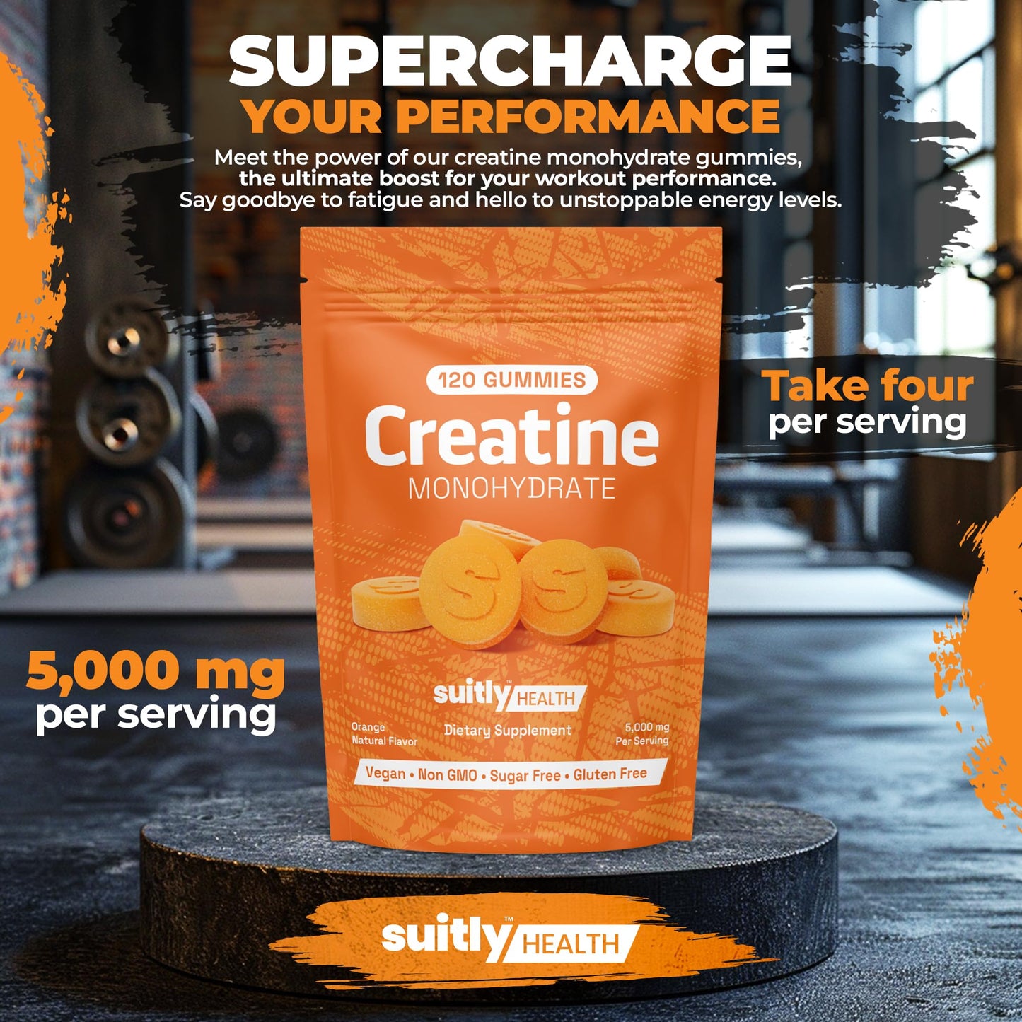 Suitly Creatine Monohydrate Gummies for Men & Women, 5g Sugar-Free Creatine Monohydrate Gummies for Muscle Gain & Recovery, Delicious Pre Workout Chews with Handy Pouch (Orange, 120 Count)