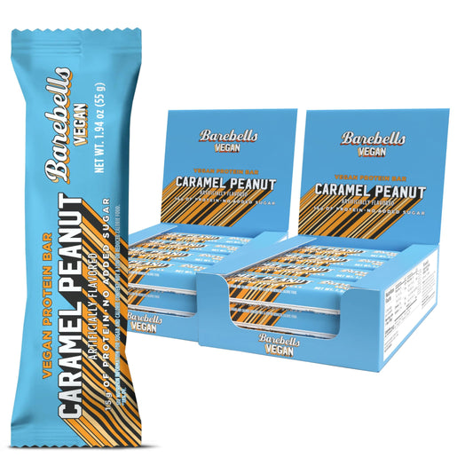 Barebells Plant Based Protein Bars, Vegan Peanut Caramel - 12 count (Pack of 2) - 15g of Plant-Based High Protein Treats - Chocolate Nutrition Bar with 1g Total Sugar - On The Go Breakfast or Post-Workout Snack