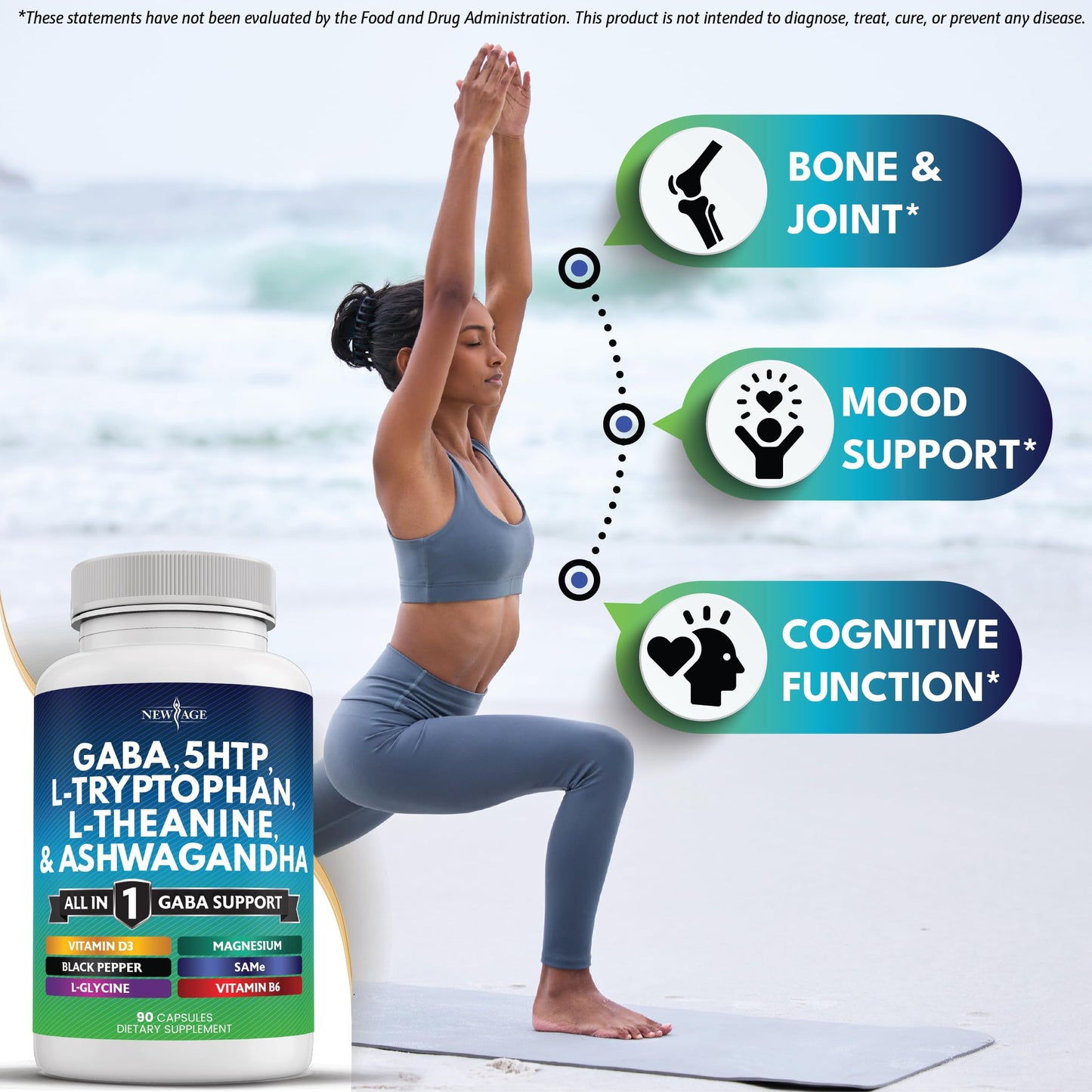 NEW AGE GABA 750mg 5 HTP 200mg L Tryptophan 500mg L Theanine 200mg Ashwagandha SAM-e L-Glycine - Vitamins for Women and Men with L-Tyrosine 5-HTP (5-Hydroxytryptophan) - 90 Count
