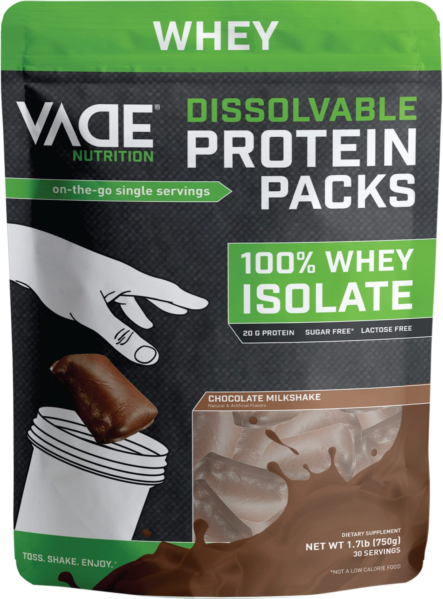 VADE Nutrition Dissolvable Protein Packs - 100% Whey Isolate Protein Powder Chocolate Milkshake - Low Carb, Low Calorie, Lactose Free, Sugar Free, Fat Free, Gluten Free - 30 Packets to Go