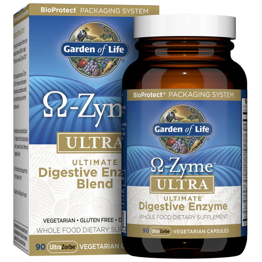 Garden of Life 21 Powerful Digestive Enzymes with Papain, Bromelain, Lipase, Ginger, Turmeric for Complete Digestion of Protein, Carbs & Fats - Omega-Zyme Ultra, Gluten-Free, Vegetarian, 90 Capsules