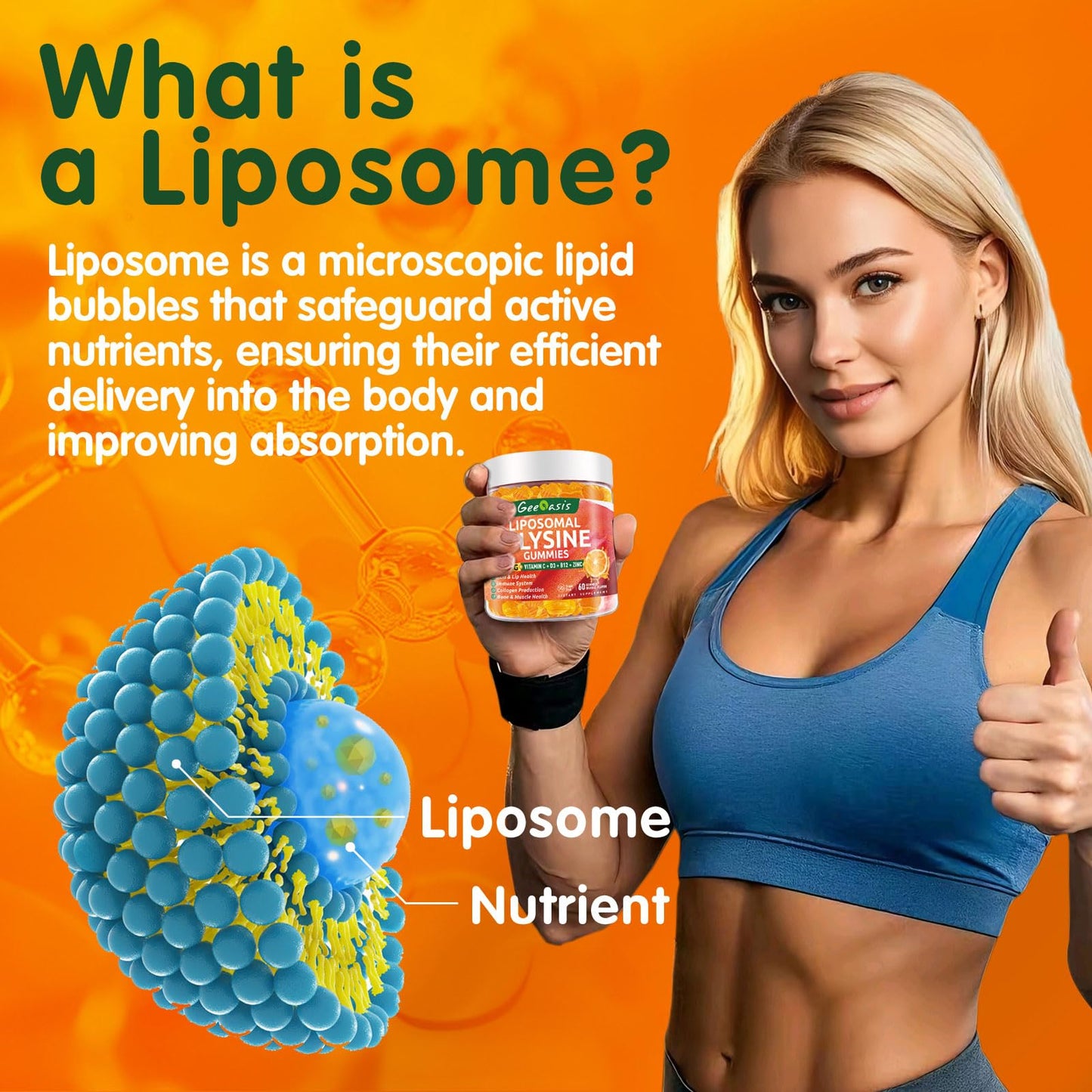 Liposomal L-lysine Gummies 1200mg, Lysine Chewable Supplement with Vitamin C, D3, B12 & Zinc for Adults & Kids, Immune & Collagen Support, Lips & Skin Health, Vegan, Natural Fruit Flavor, 60CT