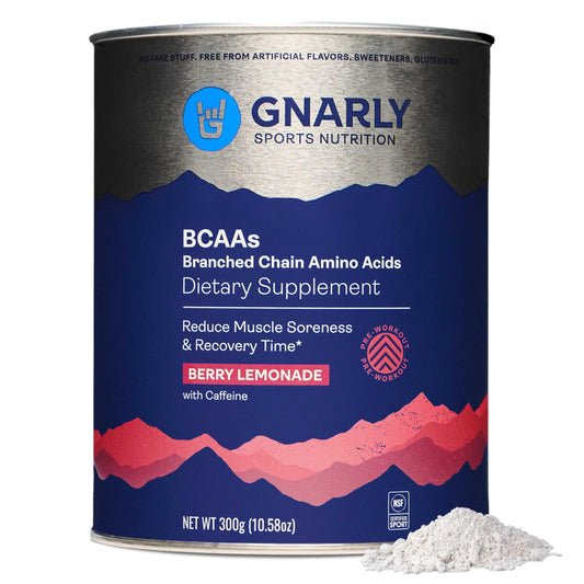 Gnarly Nutrition BCAA Powder, Berry Lemonade - Pre-Workout BCAAS Amino Acids - NSF Sport Certified - Supplement to Support and Rebuild Muscle - Berry Lemonade with Caffeine, 10.58 oz