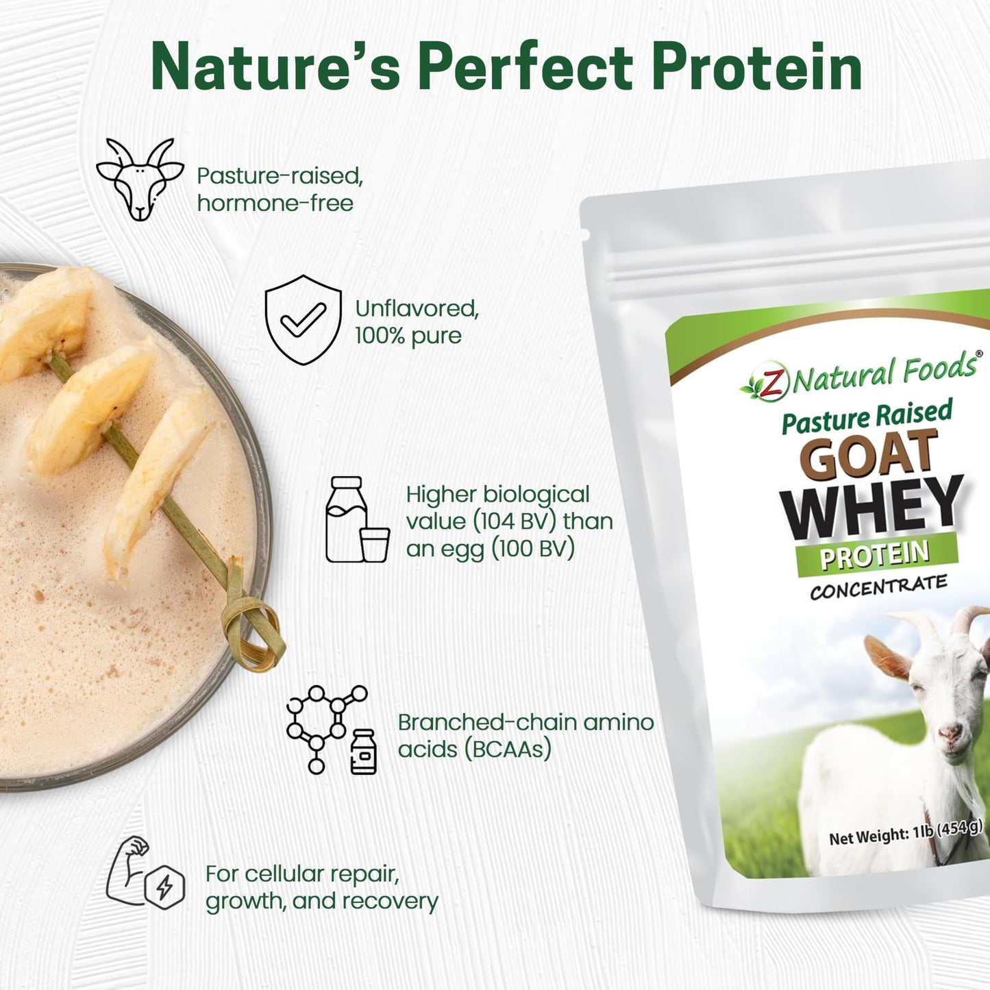 Z Natural Foods Goat Whey Protein Powder Concentrate - Undenatured, Unflavored, Pasture Raised Whey - Clean Goat Protein Powder with Vital Proteins for Weight Management, Immune Support, Fitness, 1 lb