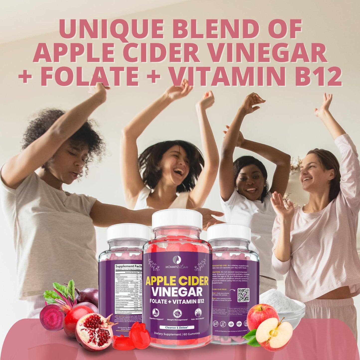 Mommyz Love Apple Cider Vinegar Gummies with Folate and Vitamin B12 - Nourishing Support for New Moms' Weight Management, Healthy Digestion and Radiant Hair and Skin Health