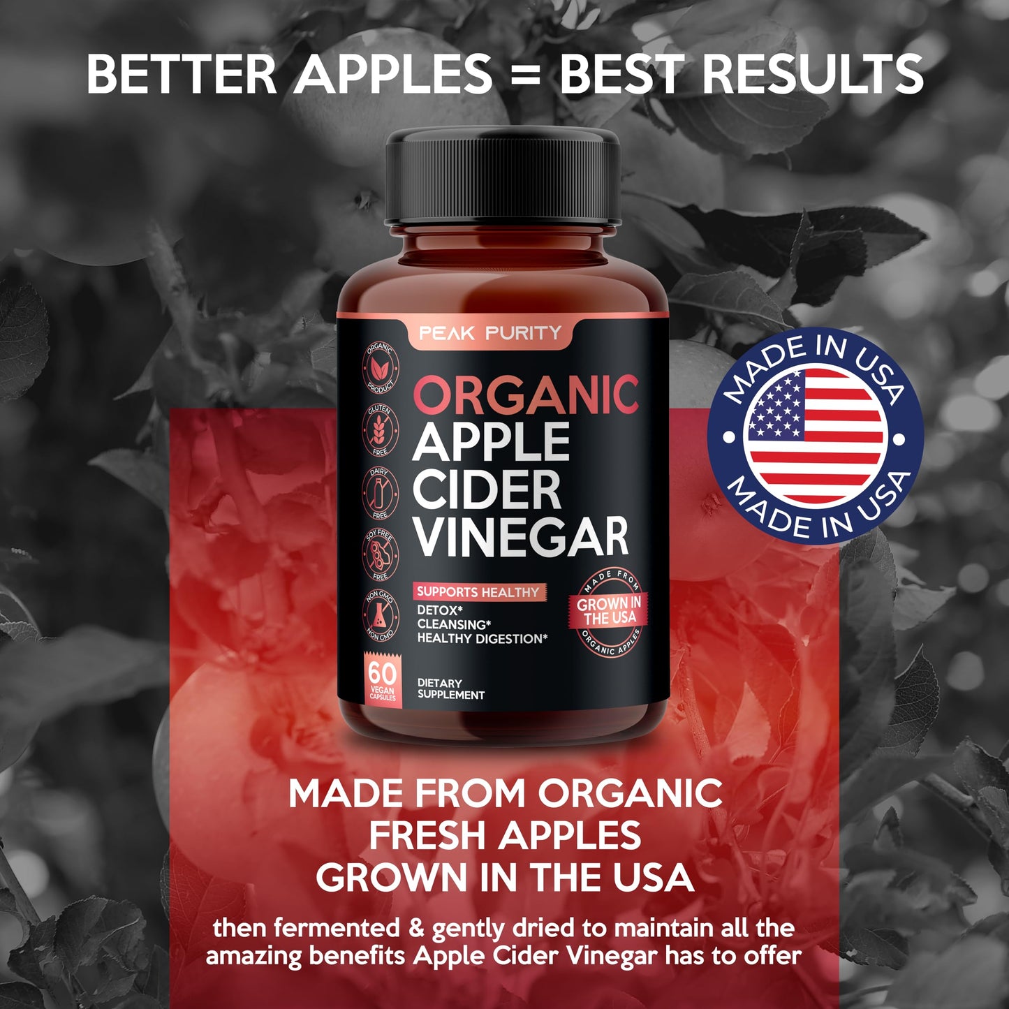 100% Organic Raw Apple Cider Vinegar Capsules - Natural Detox Gut Cleanse & Healthy Digestion - Tasteless & Easy to Swallow - Extra Strength ACV Pills - 1000 mg