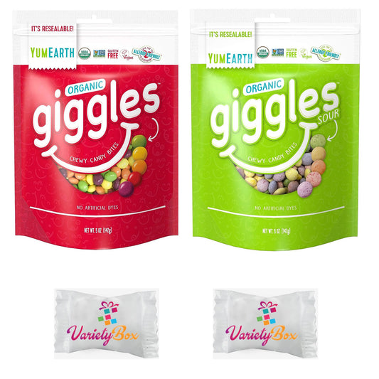 Yumearth Giggles and Sour Giggles 5oz Bundle with Variety Box Mints Resealable Bags