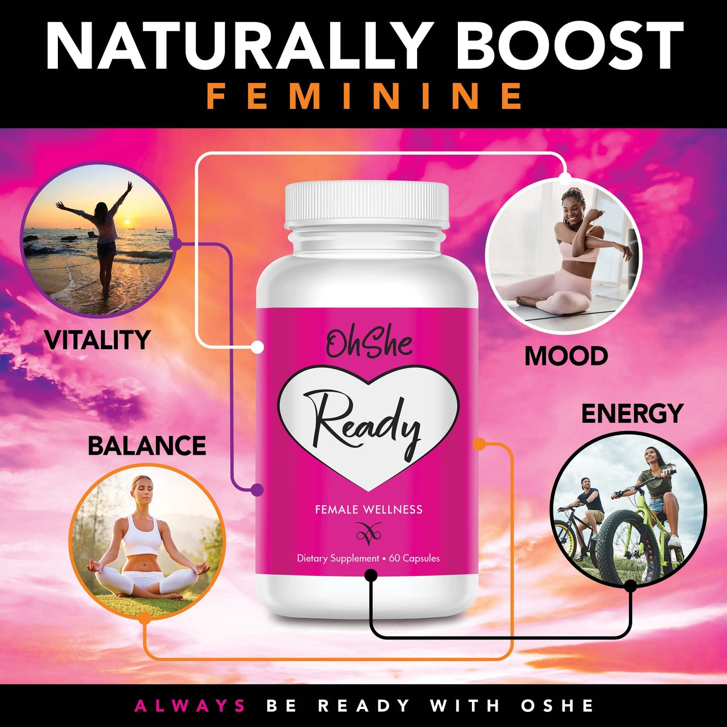 Oshe Ready- Female Health and Wellness Supplement- Supports Hormonal Harmony and Balance in Women- Naturally Boost Feminine Vitality, Energy and Mood- 60 Capsules