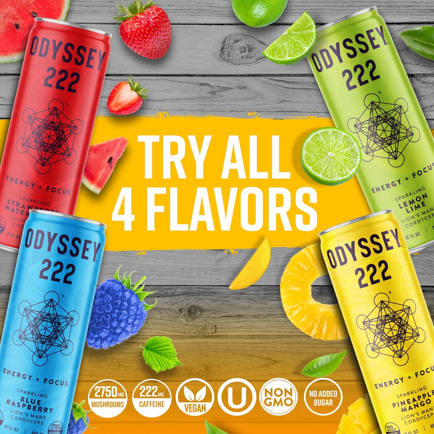 Odyssey Elixir  Odyssey 222  Sparkling Energy Drink  222 mg of Caffeine  Lions Mane  Cordyceps  Energy  Focus  Endurance  Stamina  Nootropic  Pre Workout  Pineapple Mango