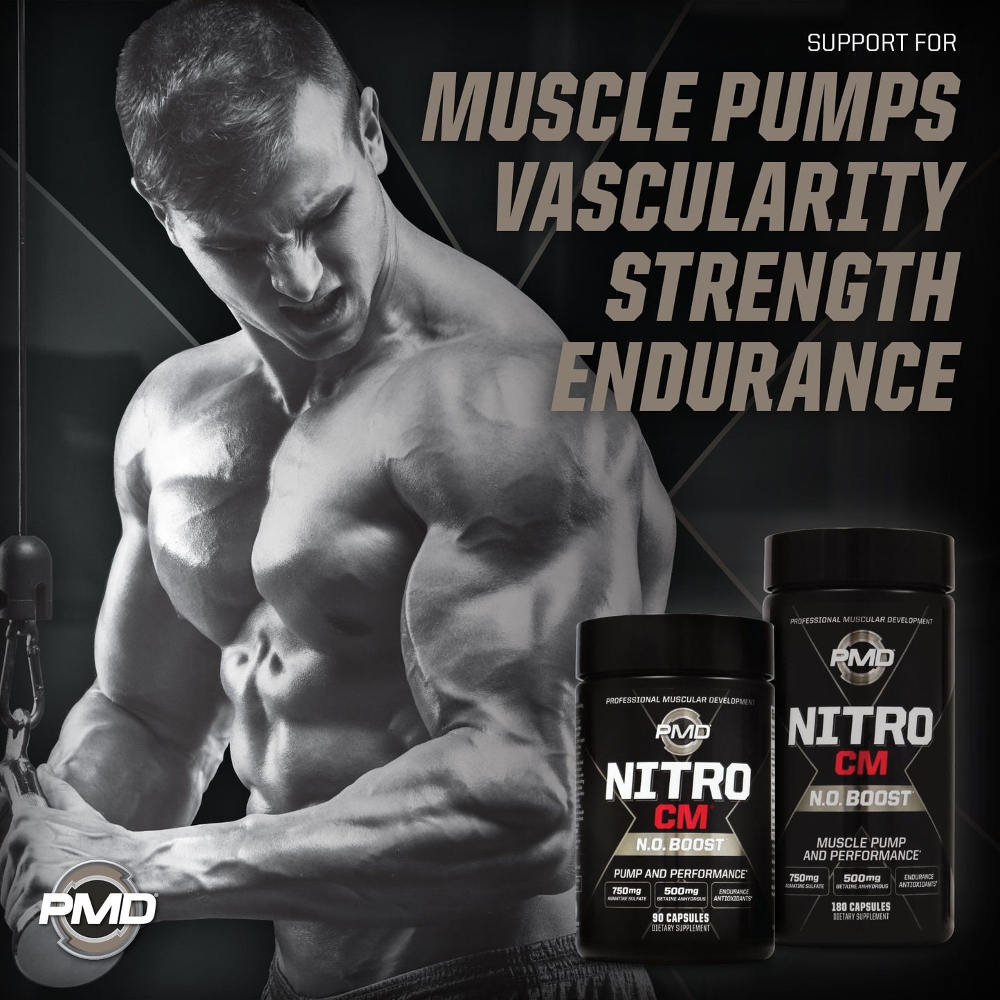 PMD Sports Nitro cm - Nitric Oxide with Agmatine Pre Workout Supplement - Muscle Growth Pre Workout with L Arginine - Endurance Boost for Hardcore Exercise, Training, and Bodybuilding - 90 Capsules