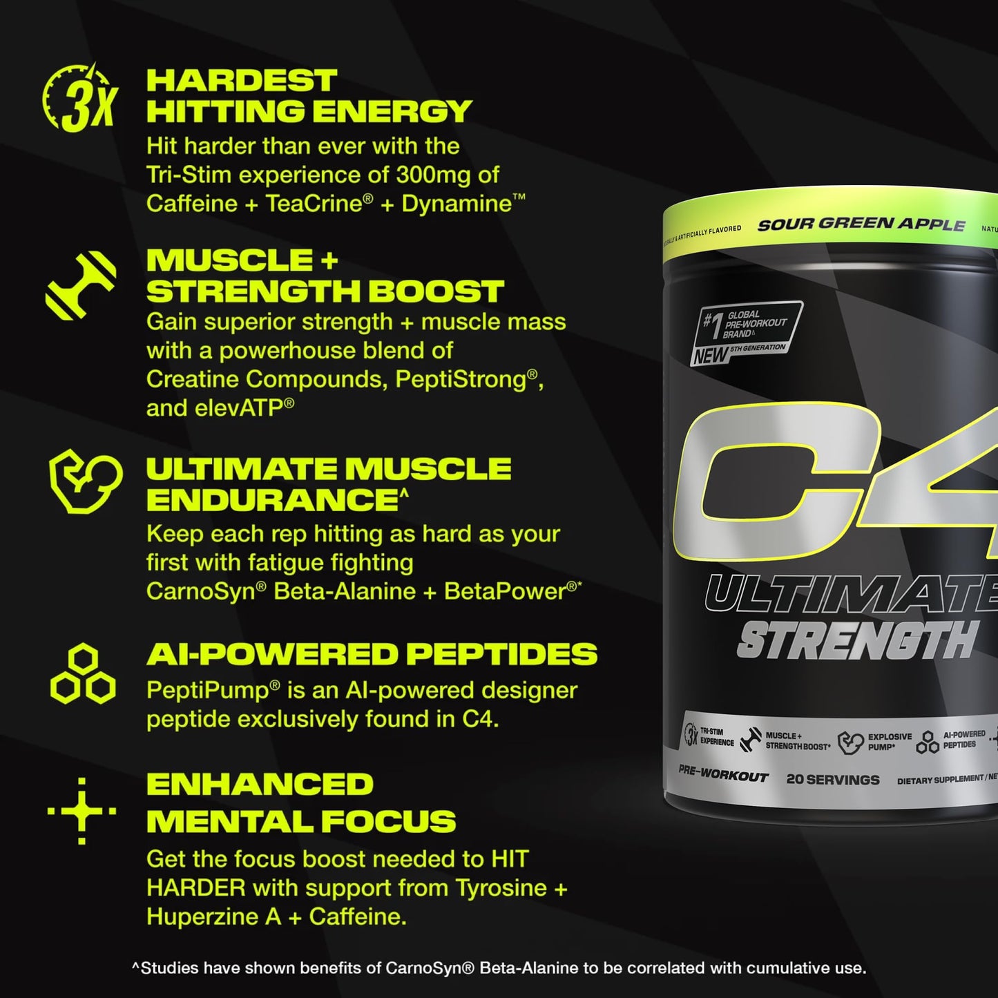 Cellucor C4 Ultimate Strength Pre Workout Powder - Tri-Stim Experience 300mg Caffeine+TeaCrine+Dynamine - Creatine & Beta-Alanine - Energy Supplement for Men & Women - Sour Green Apple, 20 Servings