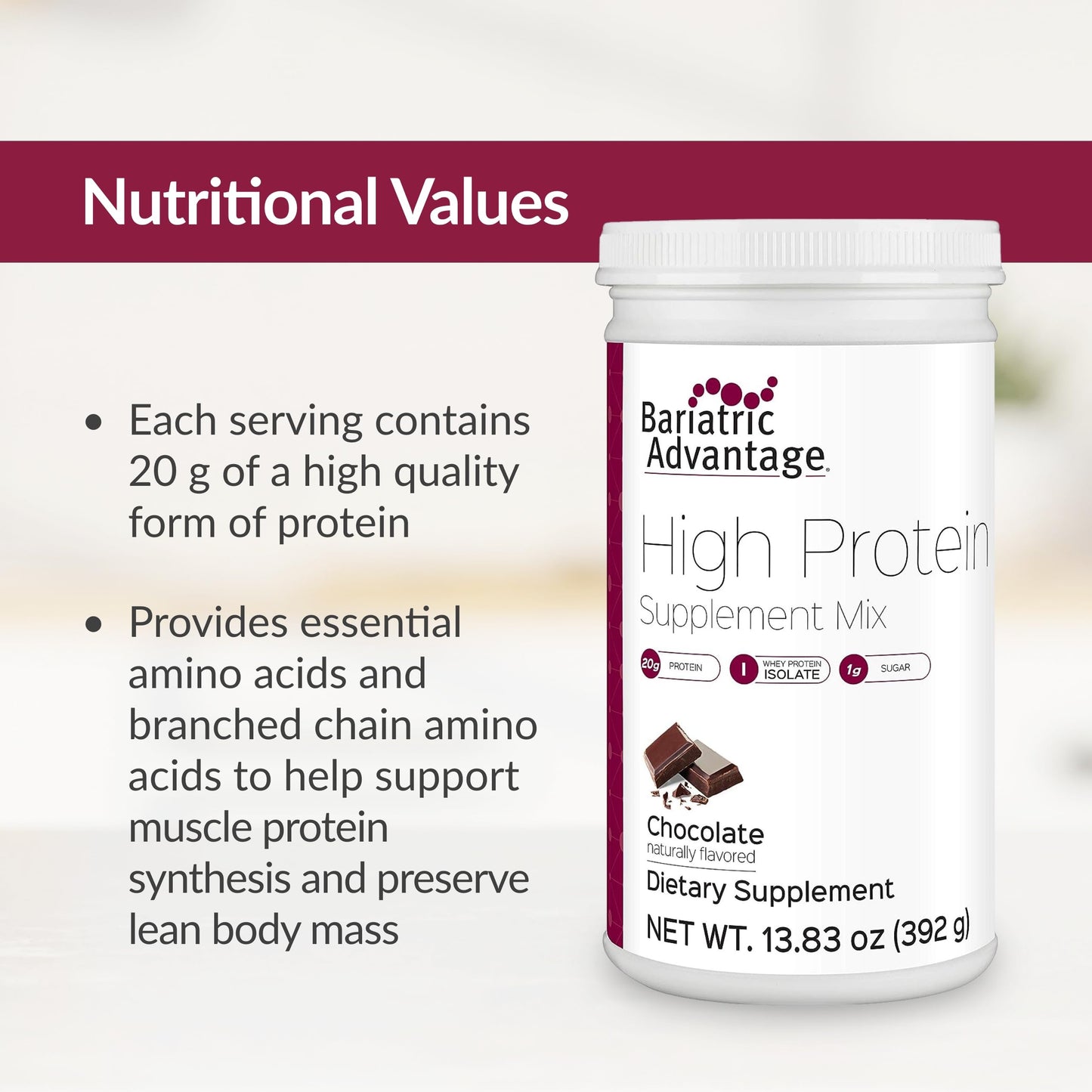 Bariatric Advantage High Protein Supplement Mix, 20 Grams Whey Protein Isolate Low Sugar with 100 Calories Per Serving - Chocolate, 14 Servings