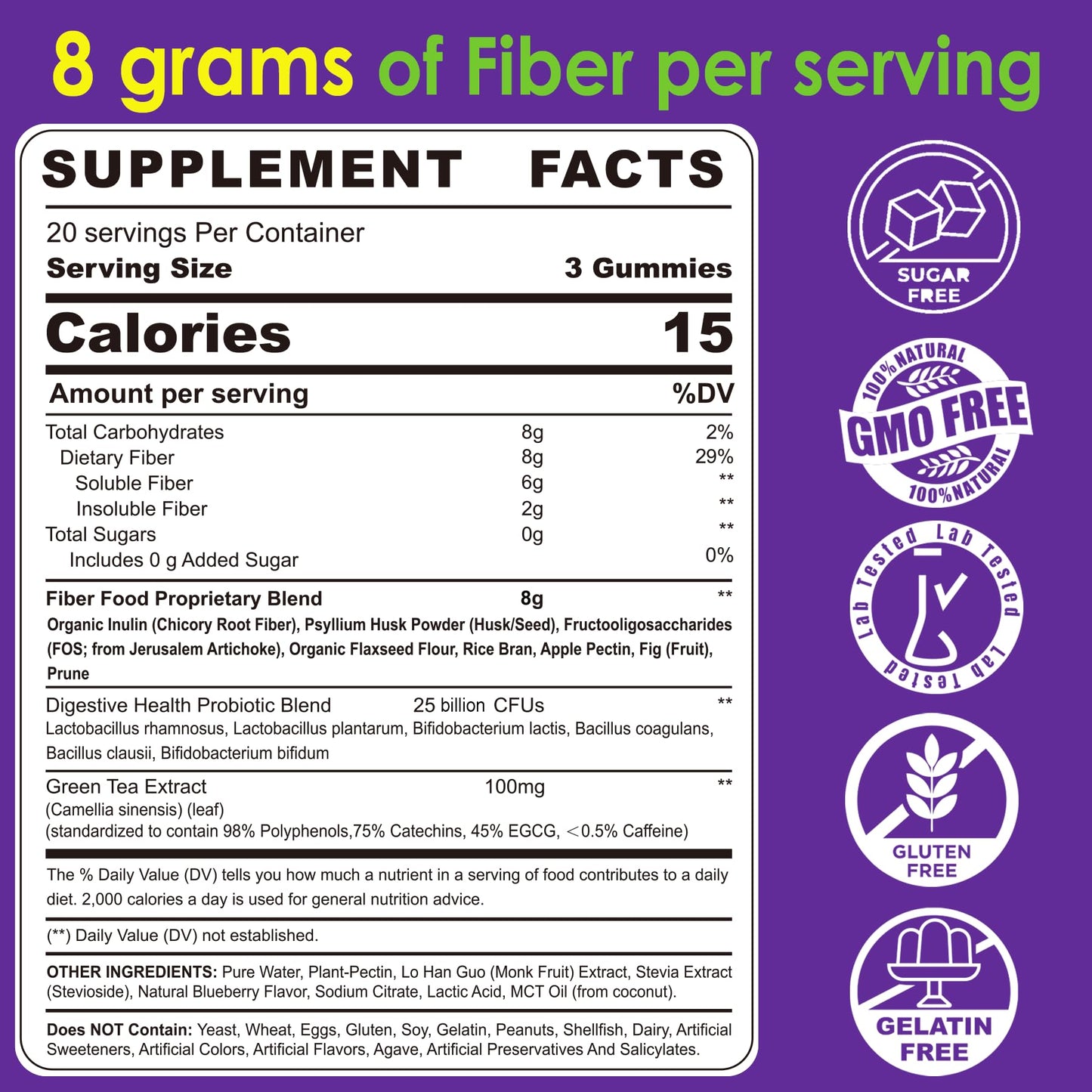 Fiber Gummies for Adults 8g (Inulin, Psyllium Husk, FOS More) with Probiotics, Green Tea Extract, Sugar Free Plant Based Fiber Supplement Blend for Digestive Health, Regularity, Non-GMO, Vegan, 120Cts